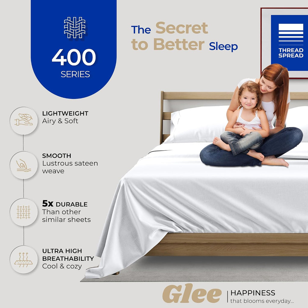 THREAD SPREAD 2 Pack King Size Sheets Set - 400 Series Glee Collection 100% Cotton Sateen - Extra Soft, Breathable, Hotel Cooling Sheets, 2 Sets of King Size Deep Pocket Bed Sheets (White)