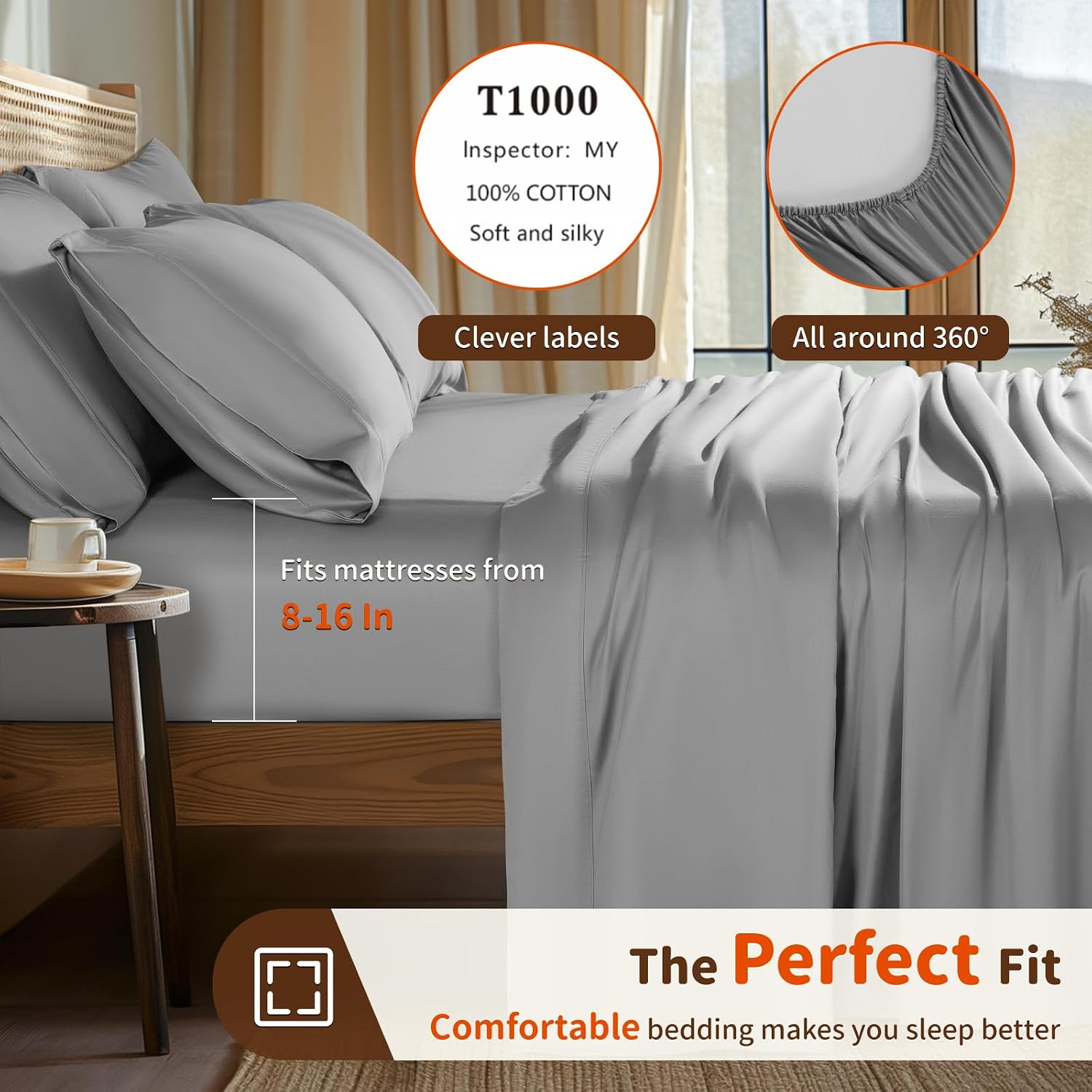 LBRO2M 1000 Thread Count 100% Egyptian Cotton Sheets Set 6 Piece Sets Queen Bed Sheet Deep Pocket Sheet Set 16' Soft Comfortable All Season (Queen, Gray)