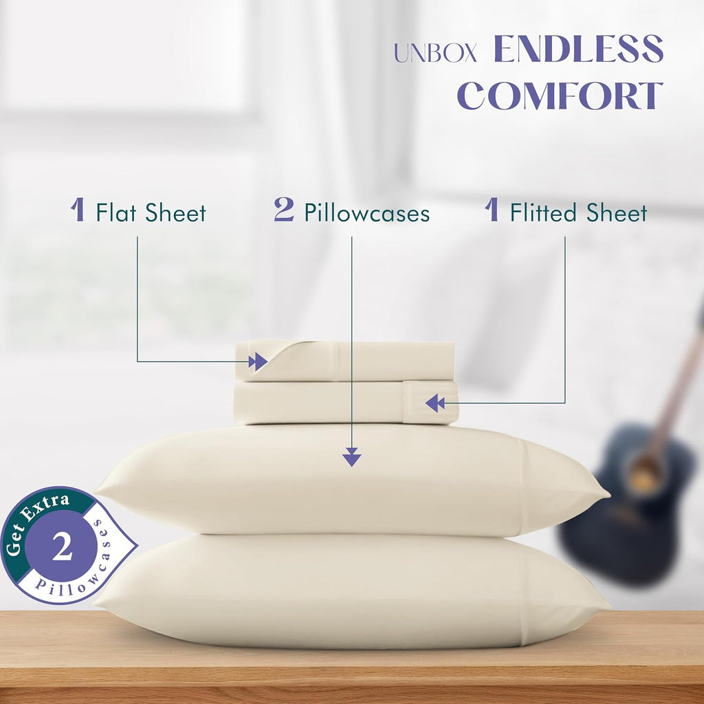 XOOX Linen 100% Egyptian Cotton Sheets Queen Size Bed Set - Luxury 1500 High Thread Count Egyptian Cotton Queen Sheet Set (4 PC, Ivory), 17' Deep Pocket, Silky Soft, Cooling, Sateen Weave Bedding