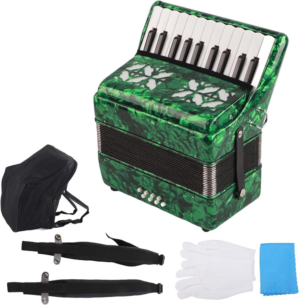 BTER Accordion, 22 Keys 8 Bass Exquisite Celluloid Piano Accordion with Adjustable Straps, International Standard Professional Tuning Musical Instrument for Beginners Adults Stage Performance(Green)