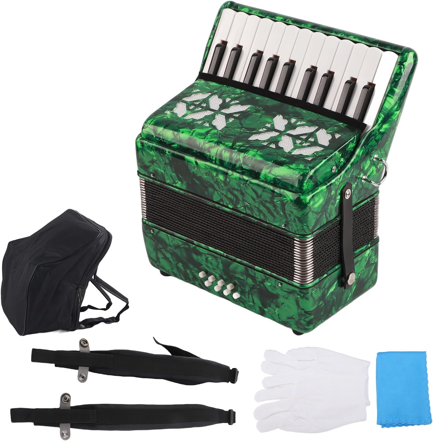BTER Accordion, 22 Keys 8 Bass Exquisite Celluloid Piano Accordion with Adjustable Straps, International Standard Professional Tuning Musical Instrument for Beginners Adults Stage Performance(Green)
