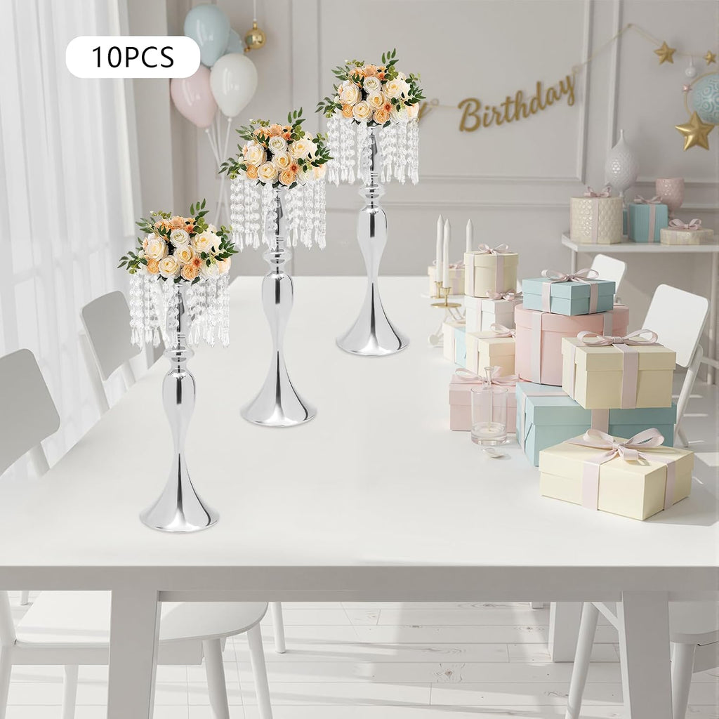 10PCS Crystal Flower Stand Wedding Centerpieces 21.3Inch Tall Sliver Vases Metal Flower Candle Holder with Sparkling Crystal for Table Wedding Party Dinner Event Decor (Silver-6)