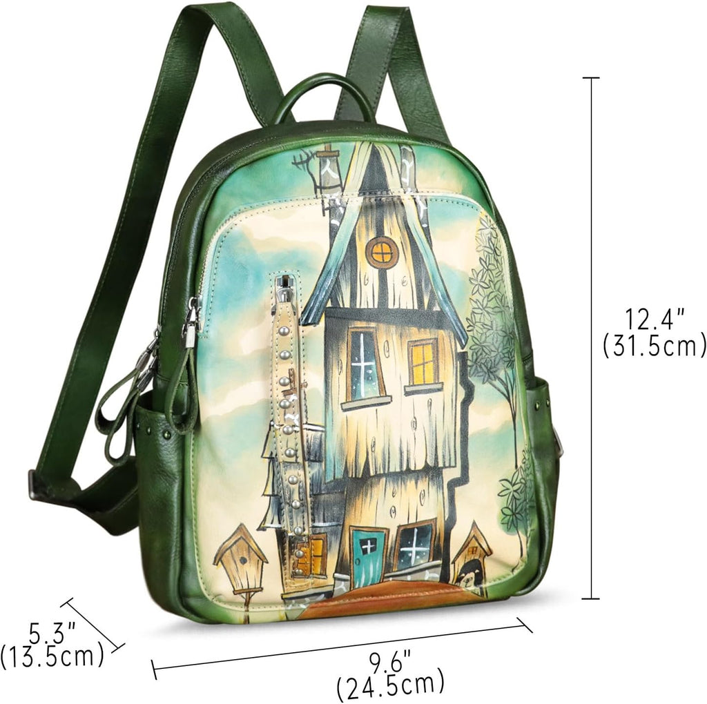 Genuine Leather Backpack for Women Hand Painted Rivet Knapsack Purse Handmade Rucksack Casual Daypack (Pattern1)