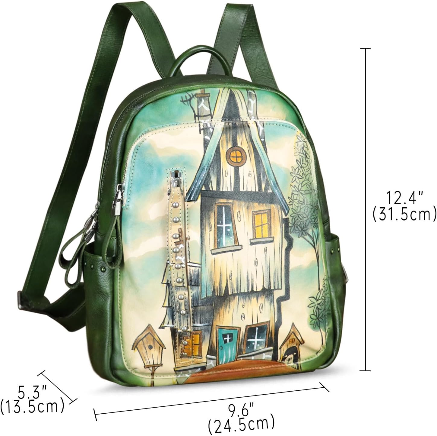 Genuine Leather Backpack for Women Hand Painted Rivet Knapsack Purse Handmade Rucksack Casual Daypack (Pattern1)