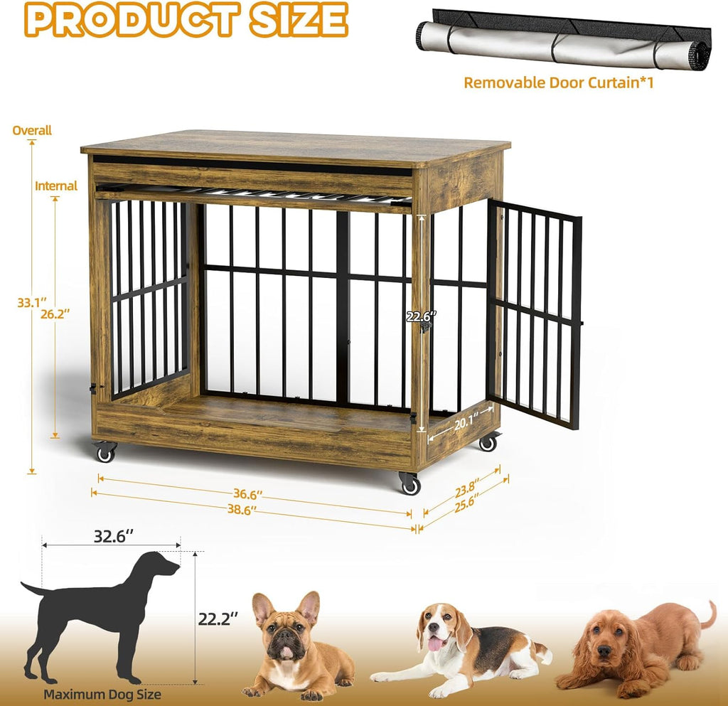 38' Dog Crate Furniture, Double Door Wooden Indoor Dog Kennel Furniture, Decorative Pet Cage End Table with Wheels for Large and Medium Breed Dogs, Size L, Rustic Brown