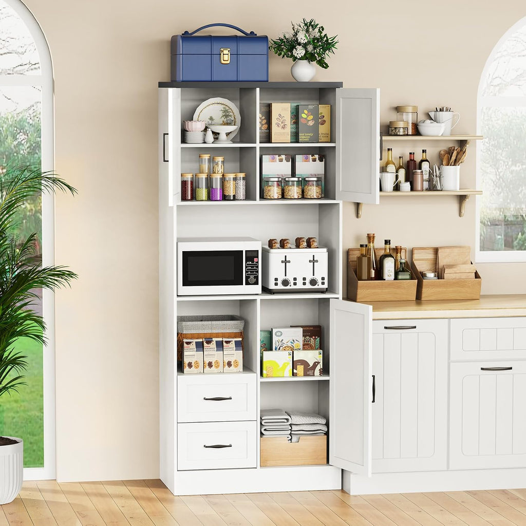 Bigbiglife Farmhouse Kitchen Pantry Cabinet with LED Lights and Power Strip, Tall Kitchen Storage Cabinet, Kitchen Hutch with Microwave Stand & Barn Doors and Drawers for Dining Room (White)