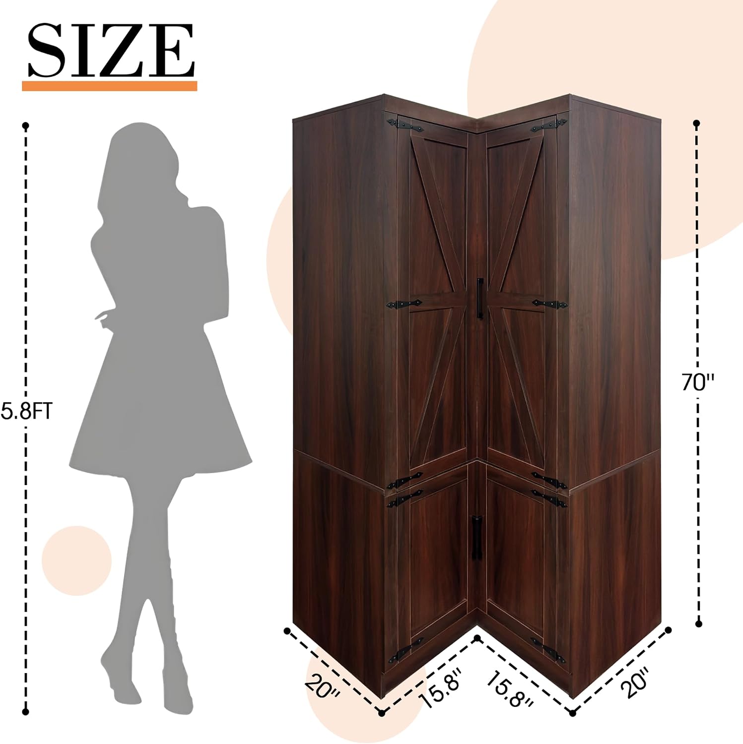 WERSMT 70' Corner Armoire Wardrobe Closet with Barn Door & Shelves, L Shaped Closet Bedroom Clothing Storage Cabinet for Hanging Clothes, Farmhouse Wooden Wardrobe Closets for Bedroom, Espresso
