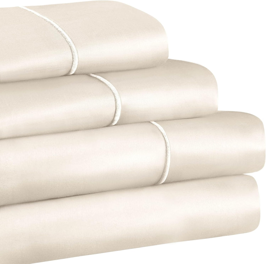 Superior Egyptian Cotton 1500 Thread Count Bed Sheet Set, Daily Soft Sheets, Embroidered Marrow Stitch Hem, Bedding Essentials, 1 Deep Pocket Fitted Sheet, 1 Flat Sheet, 2 Pillowcases, Full, Ivory