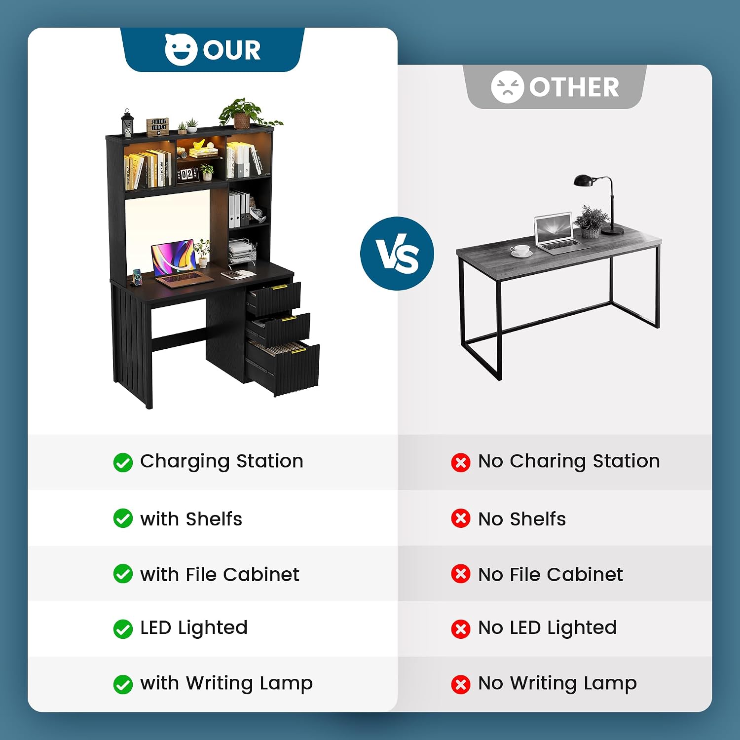 WOOVIVS Standing Desk with LED Light for Office Room, Smart Computer Desk with Hutch and Drawer for Game Room,Modern Study Table with 2AC Port Charging Station/Lamp/for Bedroom (Black)