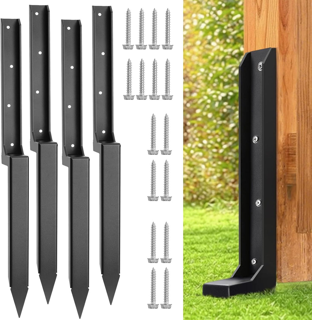 Fence Post Repair Stakes Kit – 1/8' Thickened Carbon Steel One-Piece Structure, Heavy Duty Ground Anchor Stake for Repairing or Reinforcing Broken/Leaning Privacy Fence & Mailbox Post, Black, 4-Pack