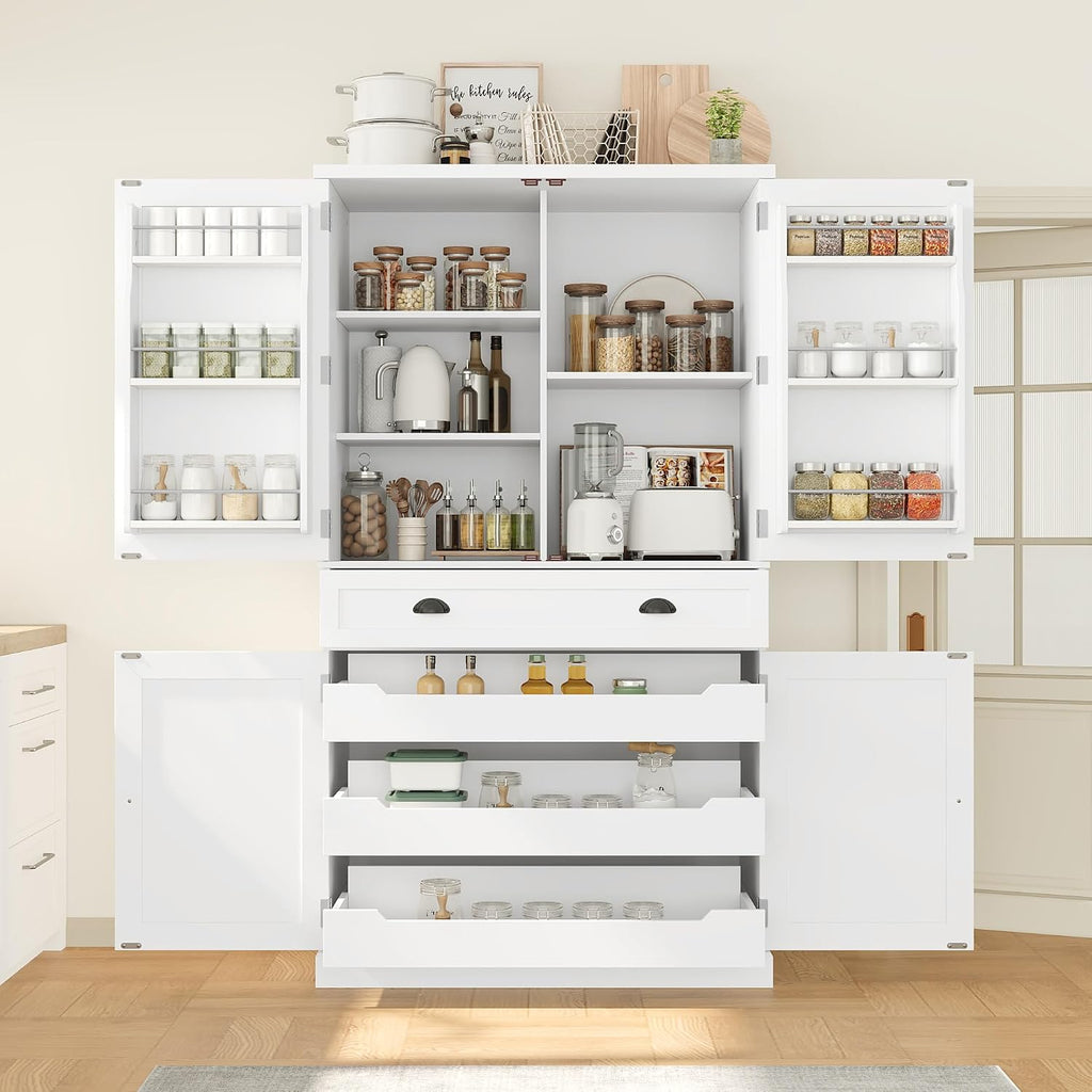 Freestanding 4 Doors Kitchen Pantry, Wood Kitchen Cupboard Storage Cabinet with 6 Door Shelves, Drawer and 3 Pull-Out Trays for Dining Room (White-4.14)