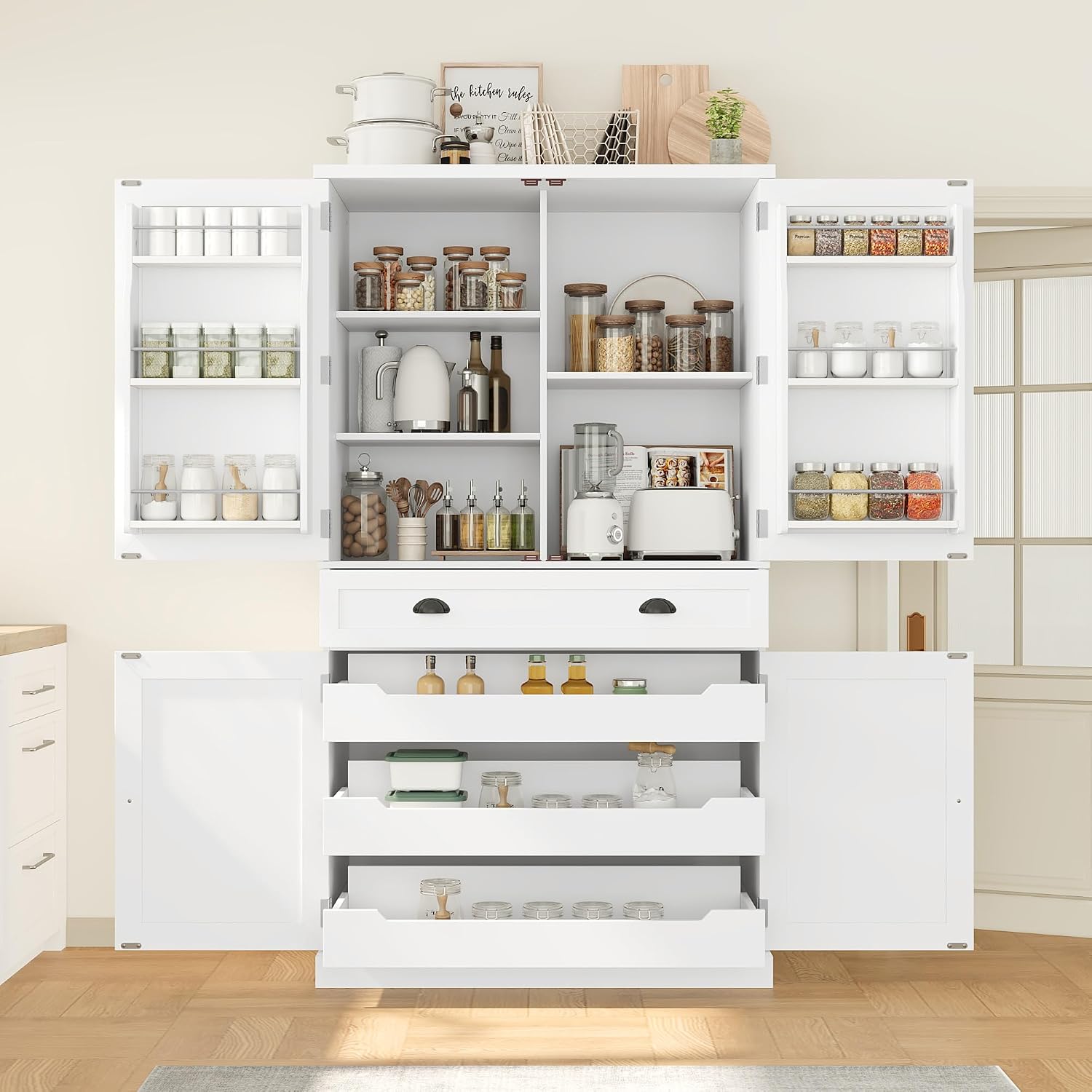 Freestanding 4 Doors Kitchen Pantry, Wood Kitchen Cupboard Storage Cabinet with 6 Door Shelves, Drawer and 3 Pull-Out Trays for Dining Room (White-4.14)