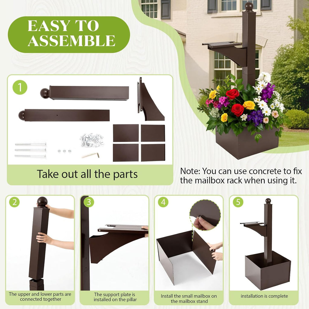 Colingmill 1 Set Iron Mailbox Posts with Planter Box for Outside 56 Inch / 4.6 ft Tall Decorative Mount with Flower Box Heavy Duty Architectural Post(Brown)