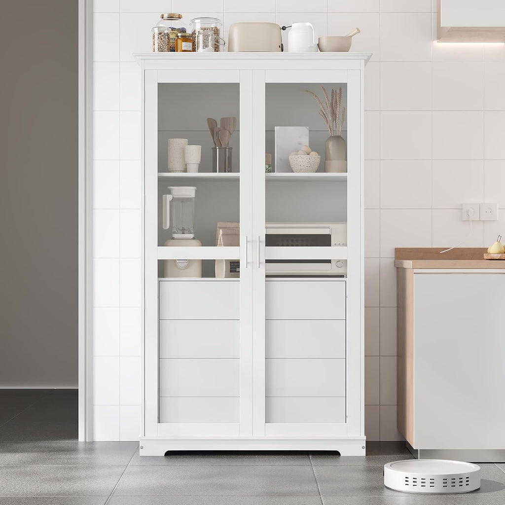Modern 75inch Kitchen Pantry, Freestanding Kitchen Storage Cabinet Display Cabinet with Glass Doors and 4 Built-in Drawers for Living Room, Home Office (White-30r)