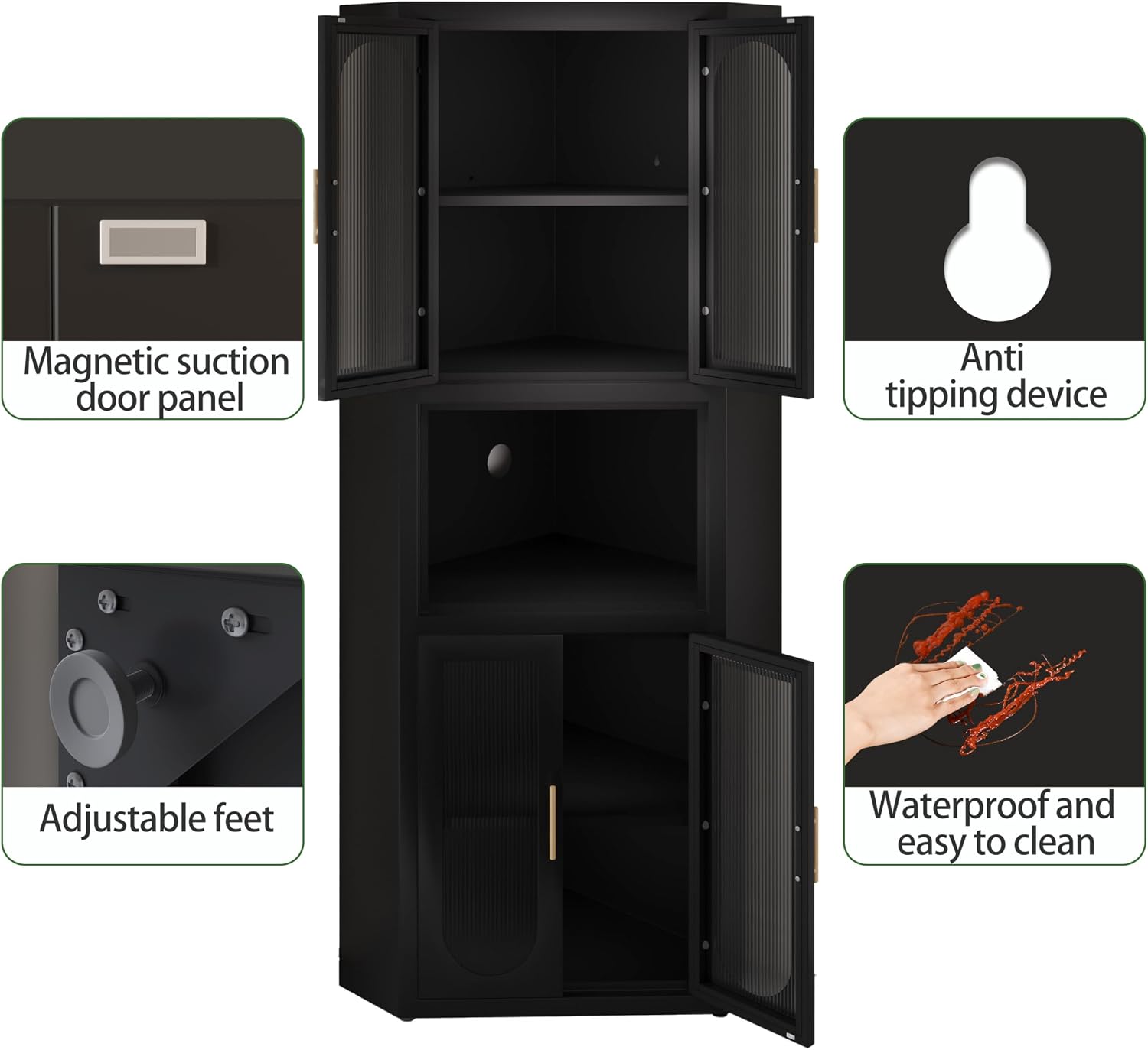 erosoei Farmhouse Corner Cabinet, Tall Corner Pantry Storage Cabinet with Acrylic Glass Door Design & Adjustable Feet, for Laundry Room, Bathroom, Kitchen,Bedroom(Black)