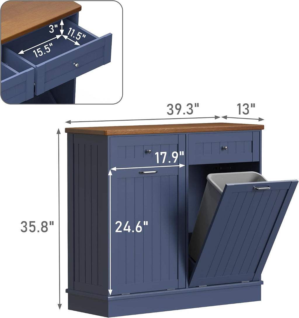 TOLEAD Tilt Out Trash Cabinet,Antique-Style Beadboard Kitchen Island with Solid Wood Tabletop & Drawer, Pet Proof Trash Can, Wood Laundry Cabinet (Blue, Double Door)