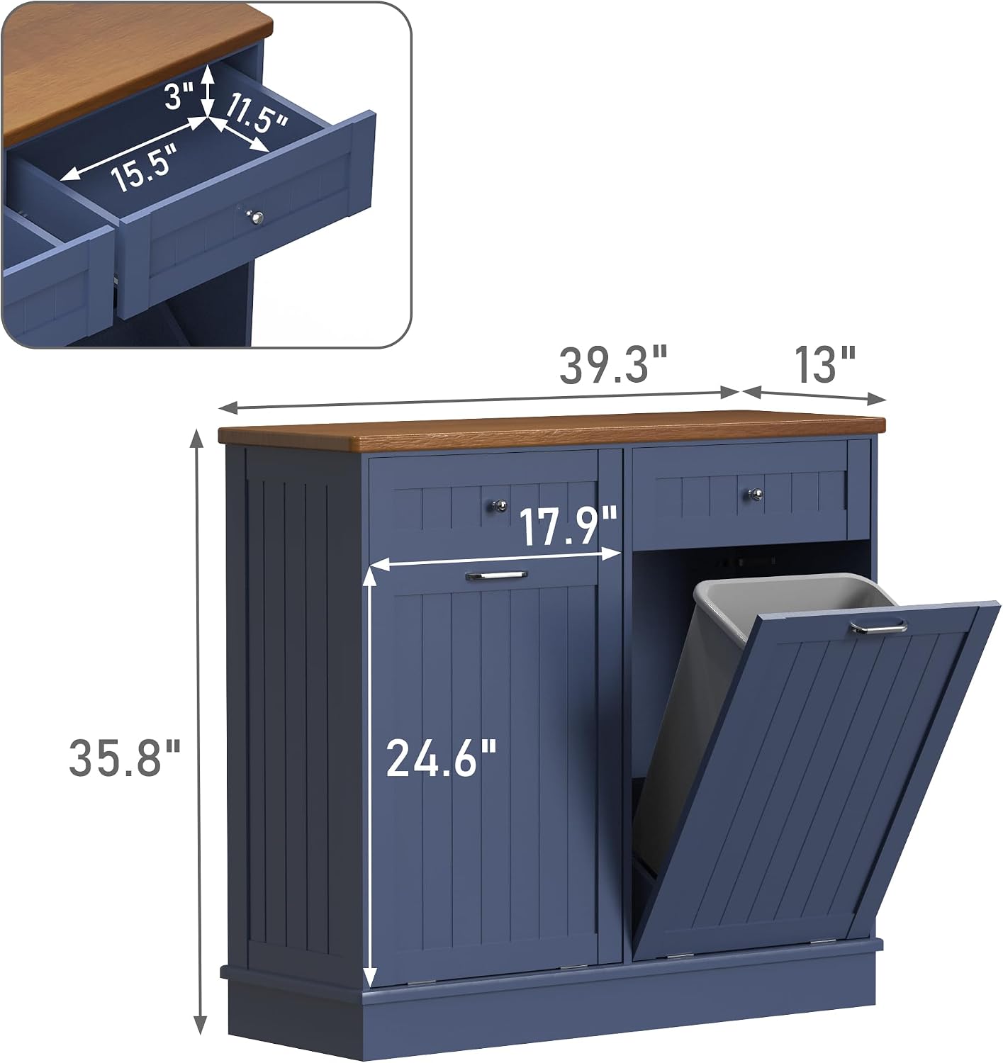 TOLEAD Tilt Out Trash Cabinet,Antique-Style Beadboard Kitchen Island with Solid Wood Tabletop & Drawer, Pet Proof Trash Can, Wood Laundry Cabinet (Blue, Double Door)