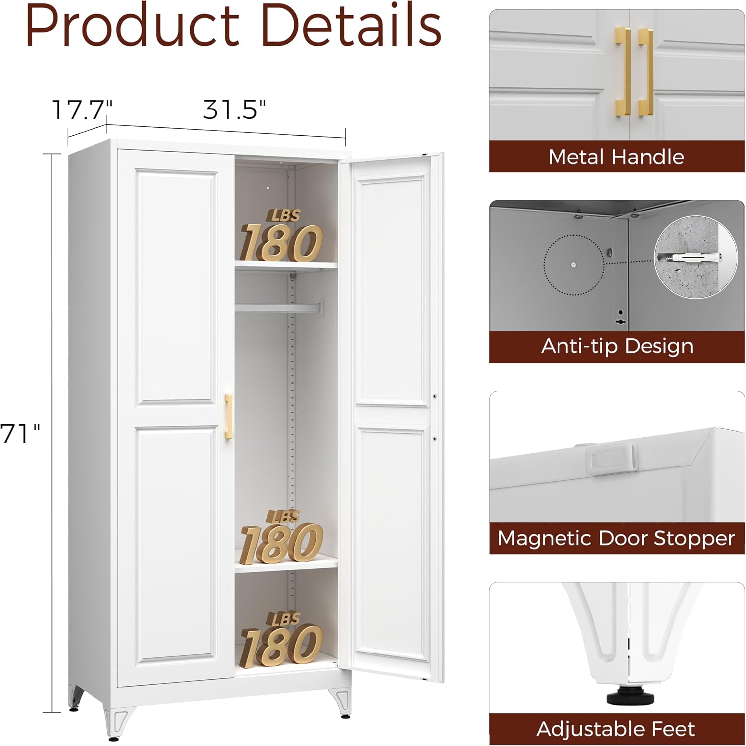 Metal Armoire Wardrobe Closet with 2 Doors, 71' Tall Wardrobe Closet with Doors, Hanging Rod, Drawers and Adjustable Shelves, White Clothing Storage Cabinets for Bedroom, Home Office
