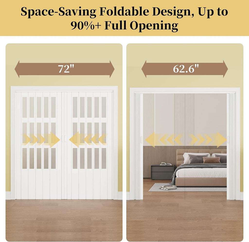 WINSTELLAR 72' x 80' Enhanced Accordion Doors with 3 Frosted Acrylic Panel, Bifold Closet Door Hardware Kit Included, PVC Interior Folding Doors with 4 Handles for Closet Bathroom Doorways