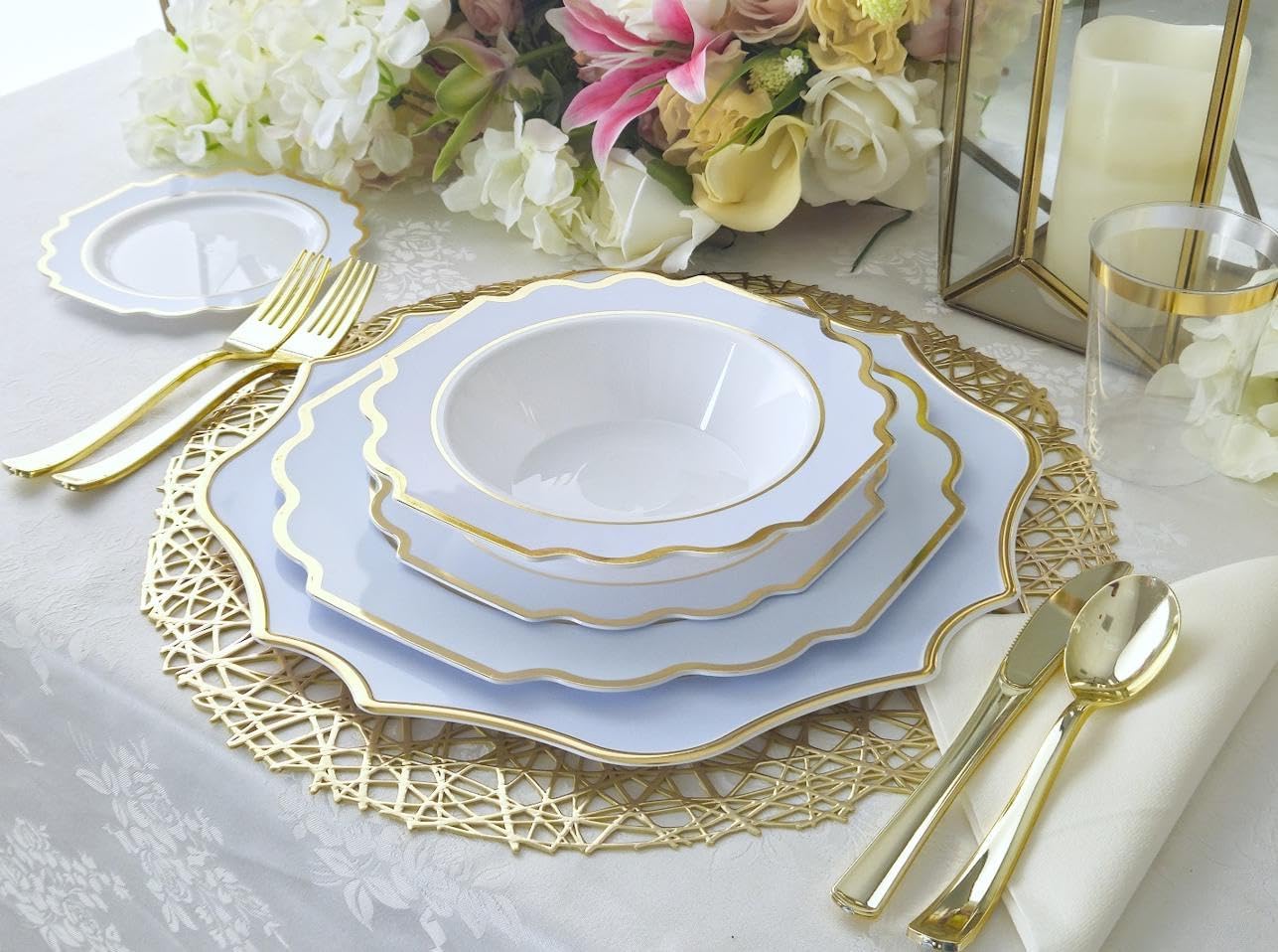 ' OCCASIONS ' 240 Plates Pack (120 Guests) Heavyweight Wedding Party Disposable Plastic Plates Set -120 x 10.5'' Dinner + 120 x 8'' Salad/Dessert Plate (Imperial in White/Blue & Gold)
