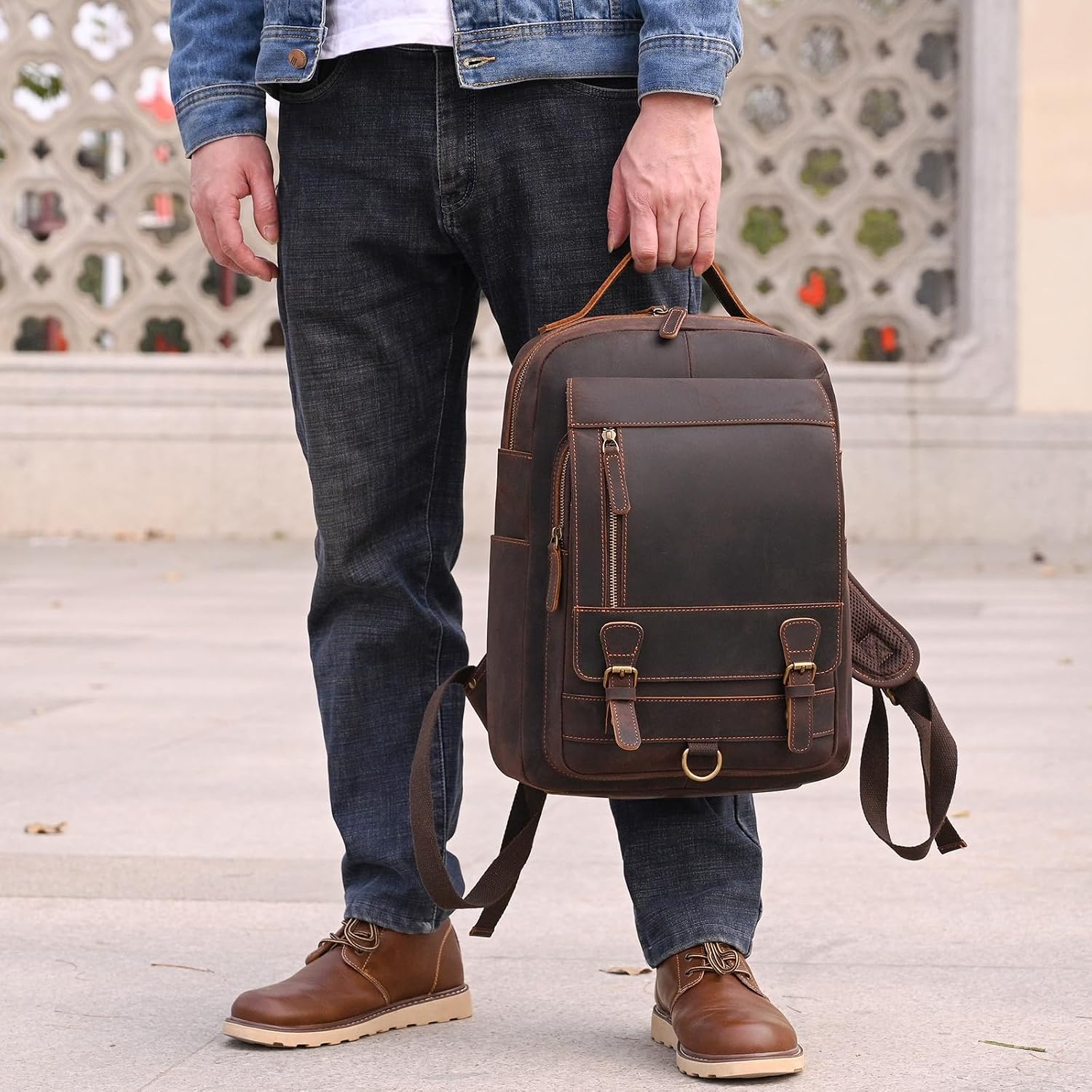 Vintage Full Grain Leather Backpack for Men, 16' Laptop Rucksack For Men Hiking Trave Work Business Bag, 1829 Dark Brown