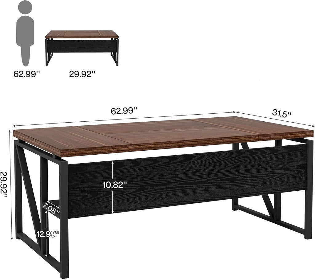 Tribesigns 63 inches Computer Desk with Bottom Storage Shelf Home Office Desk Writing Table for Workstation, Dark Walnut + Steel Leg, Cabinet not Included (Dark Brown, 63-inch-with-Shelf)