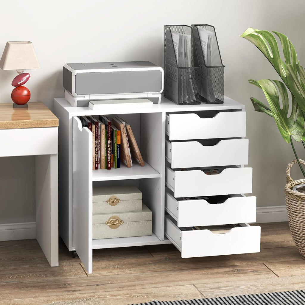 5-Drawer Wood Drawer Cabinet, Office Storage Cabinet with Adjustable Shelf & Wheels, Printer Stand for Home Office, White, 15.7' D x 30.7' W x 25.4' H