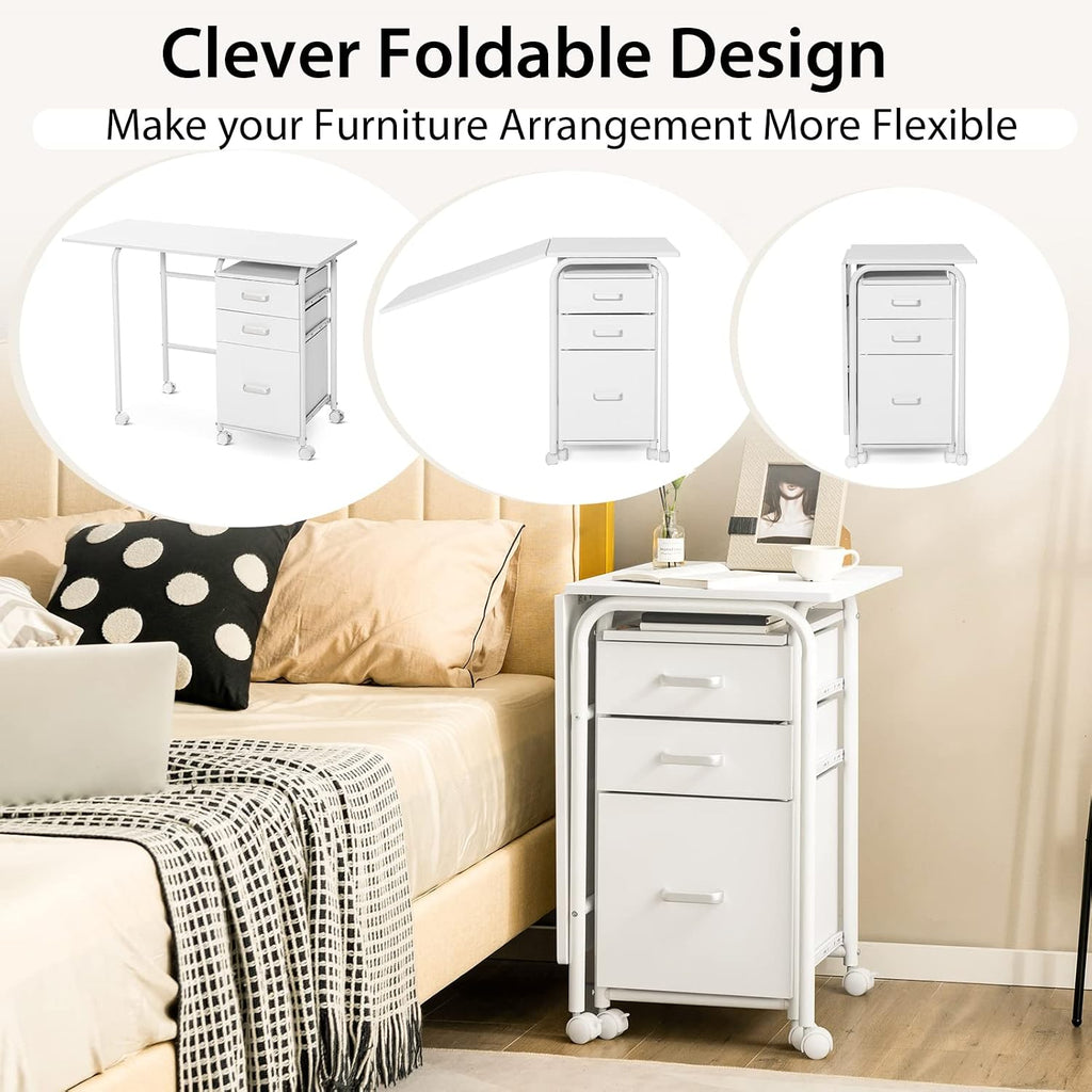 Tangkula White Folding Desk with 3 Drawers, Mobile Home Office Desk Study Writing Desk with Smooth Wheels, Space Saving Compact Table for Dorm Apartment, Rolling Couch Desk Table