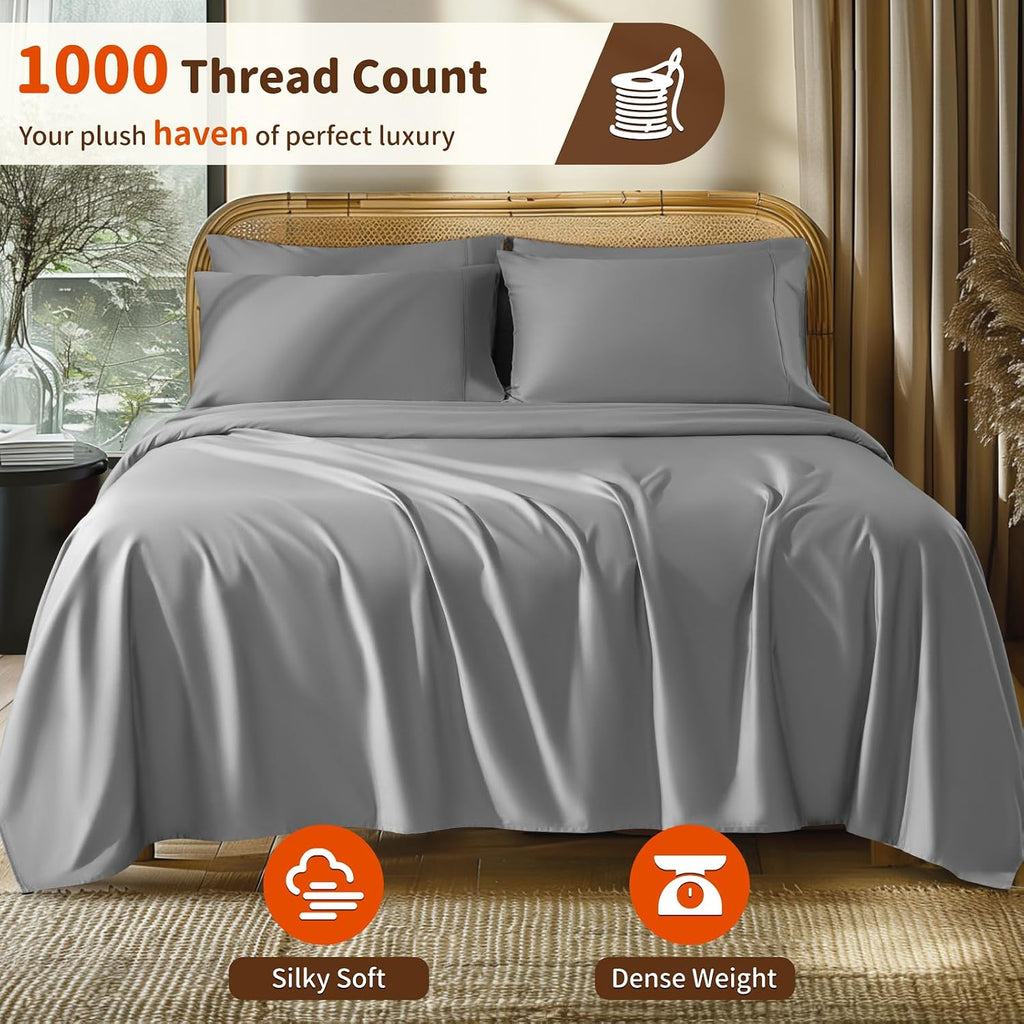LBRO2M 1000 Thread Count 100% Egyptian Cotton Sheets Set 6 Piece Sets Queen Bed Sheet Deep Pocket Sheet Set 16' Soft Comfortable All Season (Queen, Gray)
