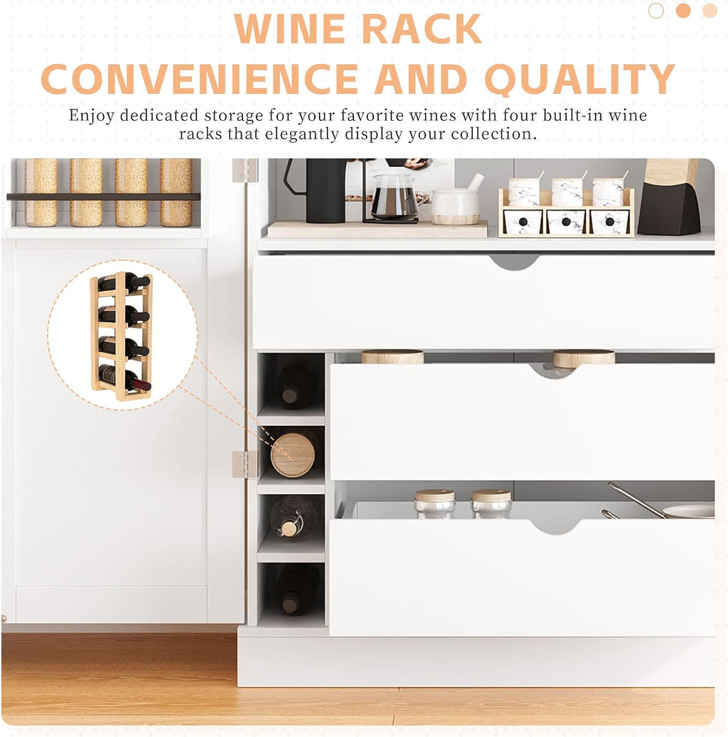 77'' Tall Freestanding Kitchen Pantry, 35''Lx17.7''W Wooden Kitchen Organizers Cupboard Storage Cabinet with Adjustable Shelves, Door Shelves, Drawers and Wine Racks (White-2.12)