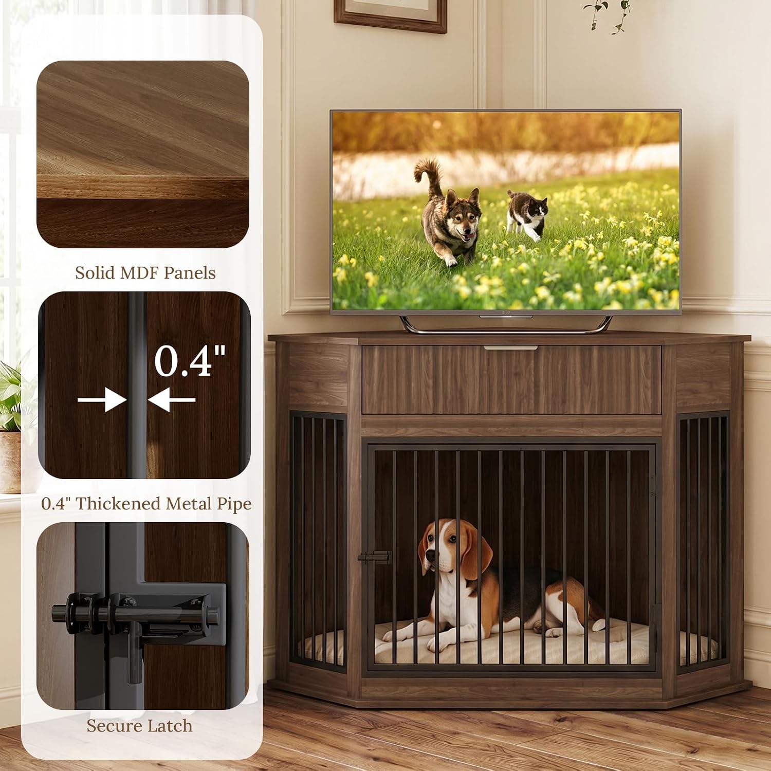 Yafylly Corner Dog Crate Furniture, 44.6' Furniture Style Corner Dog Crate with Fluted Drawer, Wooden Dog Kennel End Table for Small Medium Dogs, Dog Cage TV Stand, Brown