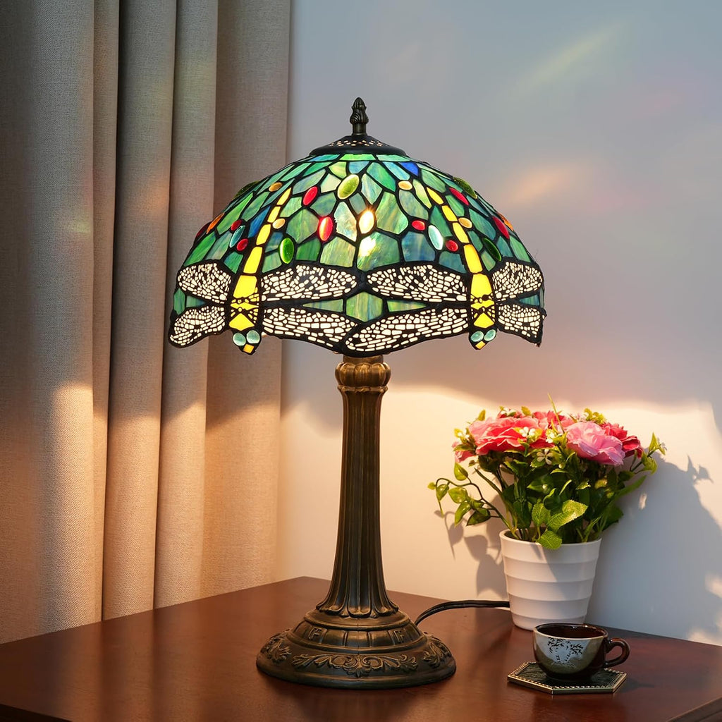 Tiffany Lamp Dragonfly Style Green Stained Glass Lamp Bedroom Table Lamp Reading Desk Light for Bedside Living Room Office Dormitory Dining Room Decorate Gift