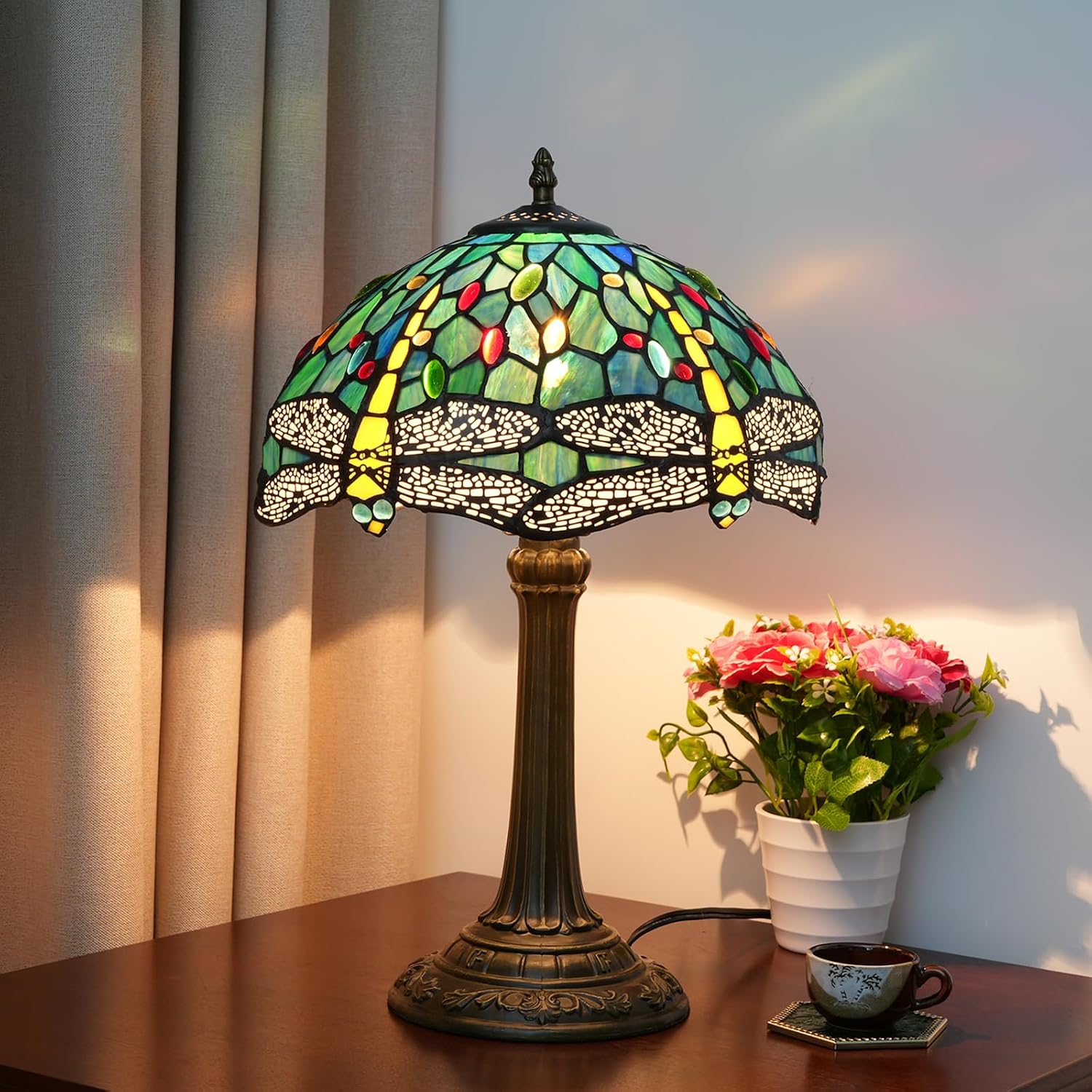 Tiffany Lamp Dragonfly Style Green Stained Glass Lamp Bedroom Table Lamp Reading Desk Light for Bedside Living Room Office Dormitory Dining Room Decorate Gift