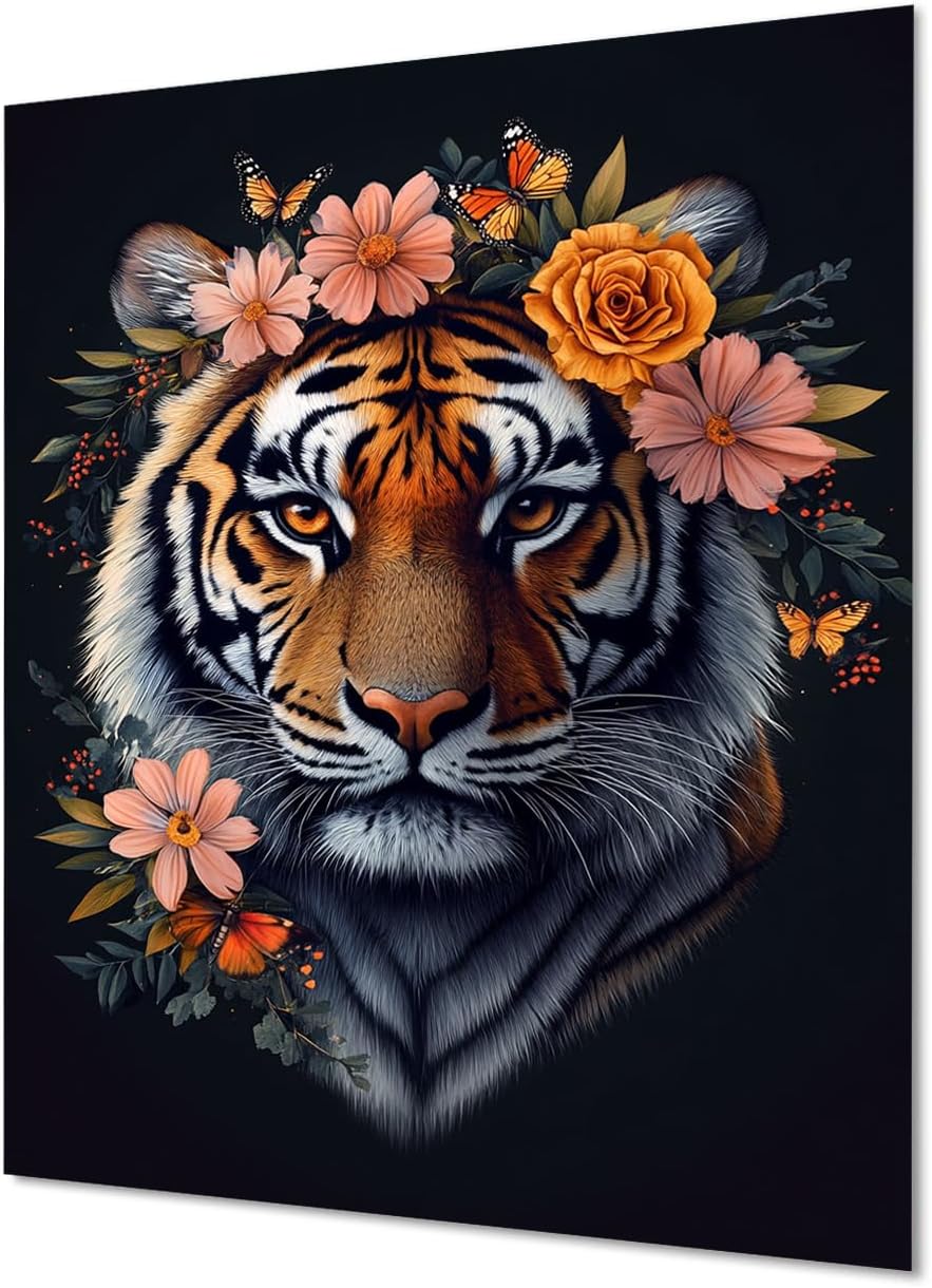 Flower Dimond Painting Tiger Diamond Art Kits for Adults Beginners DIY 5D Round Full Dirll Crystal Gem Art Embroidery Paintings Crafts Picture, Home Wall Decor Gifts, Hobbies for women 36x48in u7-222