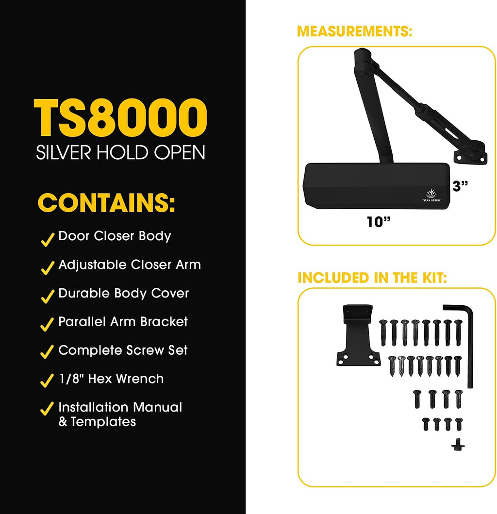 Heavy Duty Automatic Door Closer with Hold Open, Commercial Indoor/Outdoor Adjustable Door Closure, ANSI Grade 1, UL Certified, ADA Compliant, (44-330lb, 30-60in) – Black