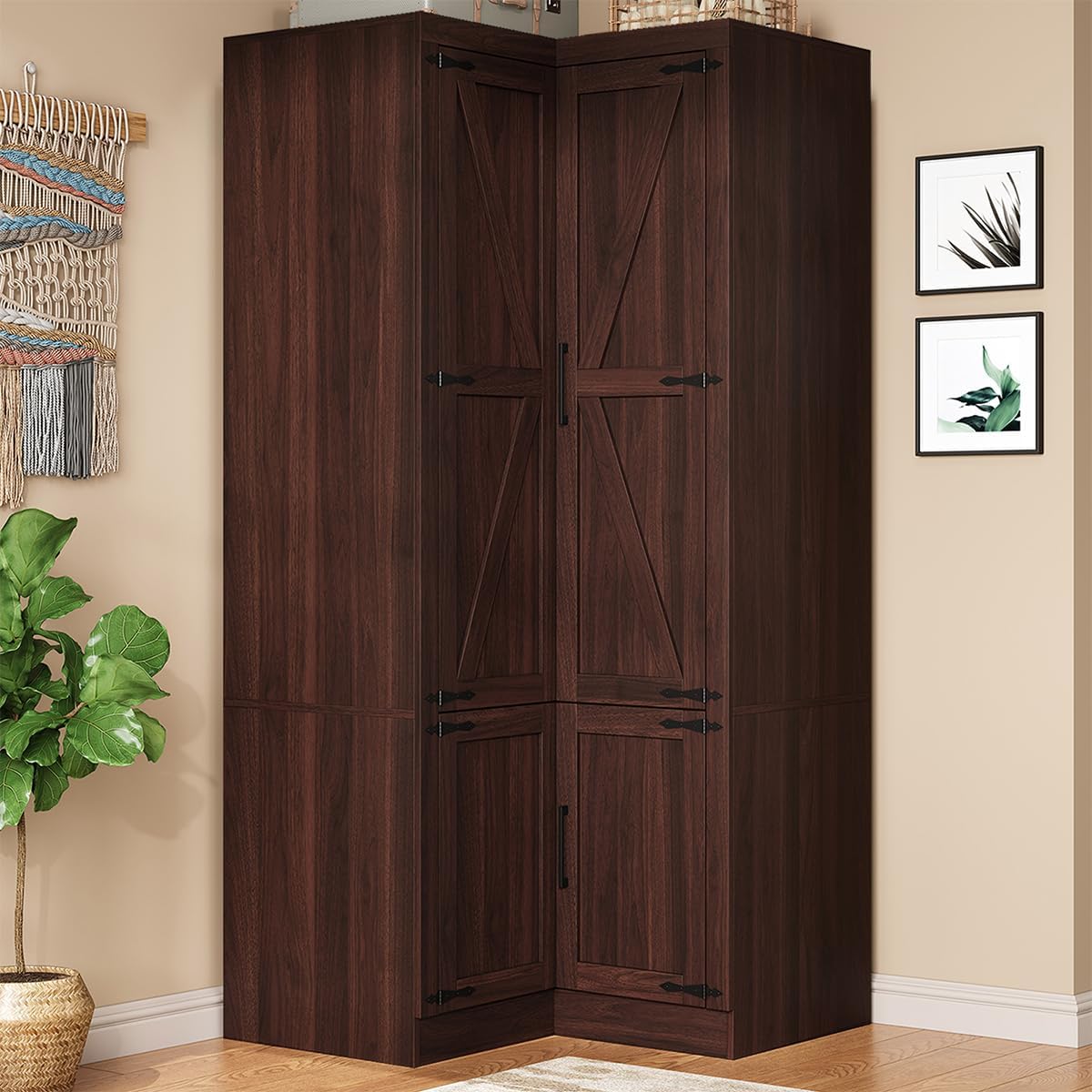 WERSMT 70' Corner Armoire Wardrobe Closet with Barn Door & Shelves, L Shaped Closet Bedroom Clothing Storage Cabinet for Hanging Clothes, Farmhouse Wooden Wardrobe Closets for Bedroom, Espresso