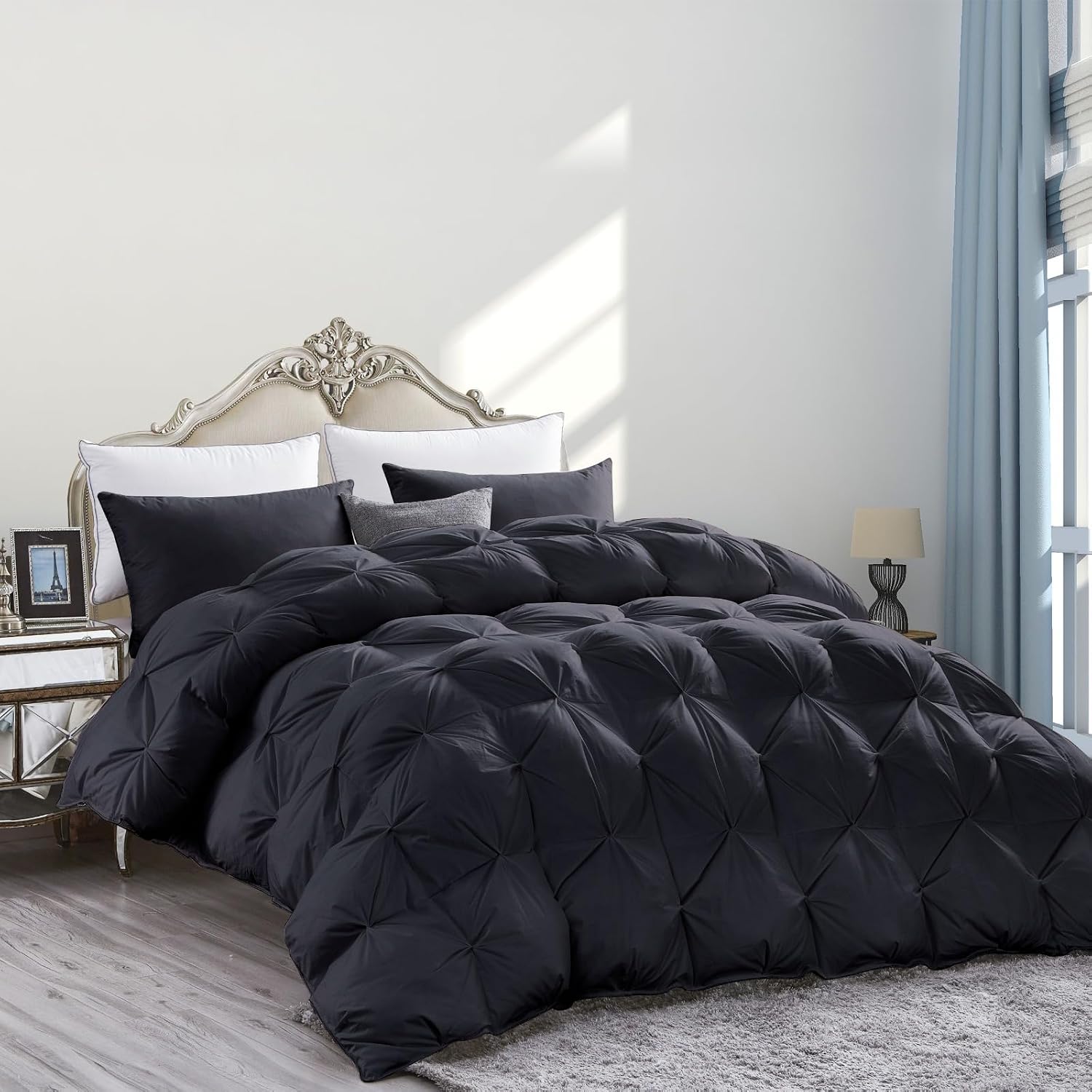 Luxurious Queen Size Goose Down Feather Fiber Comforter Duvet Insert, 100% Egyptian Cotton Cover, 60 oz. Fill Weight Comforter (Queen, Black Pinch Pleat)