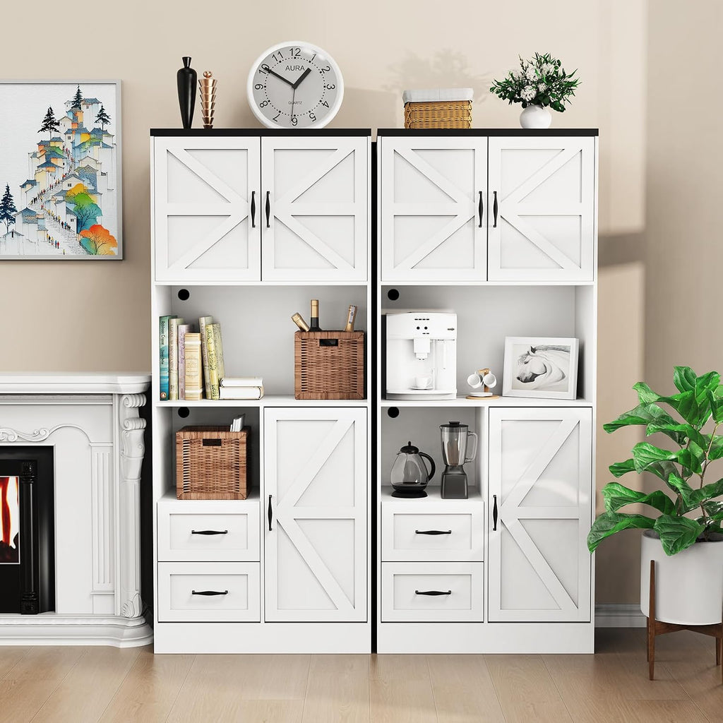 Bigbiglife Farmhouse Kitchen Pantry Cabinet with LED Lights and Power Strip, Tall Kitchen Storage Cabinet, Kitchen Hutch with Microwave Stand & Barn Doors and Drawers for Dining Room (White)