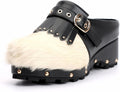 XOBZJH Women's Cowhide Platform Clogs – Calf Hair & Leather Patchwork Mules with Rivets, Arch Support, Memory Foam Insole, Chunky Western Mules for All-Day Comfort