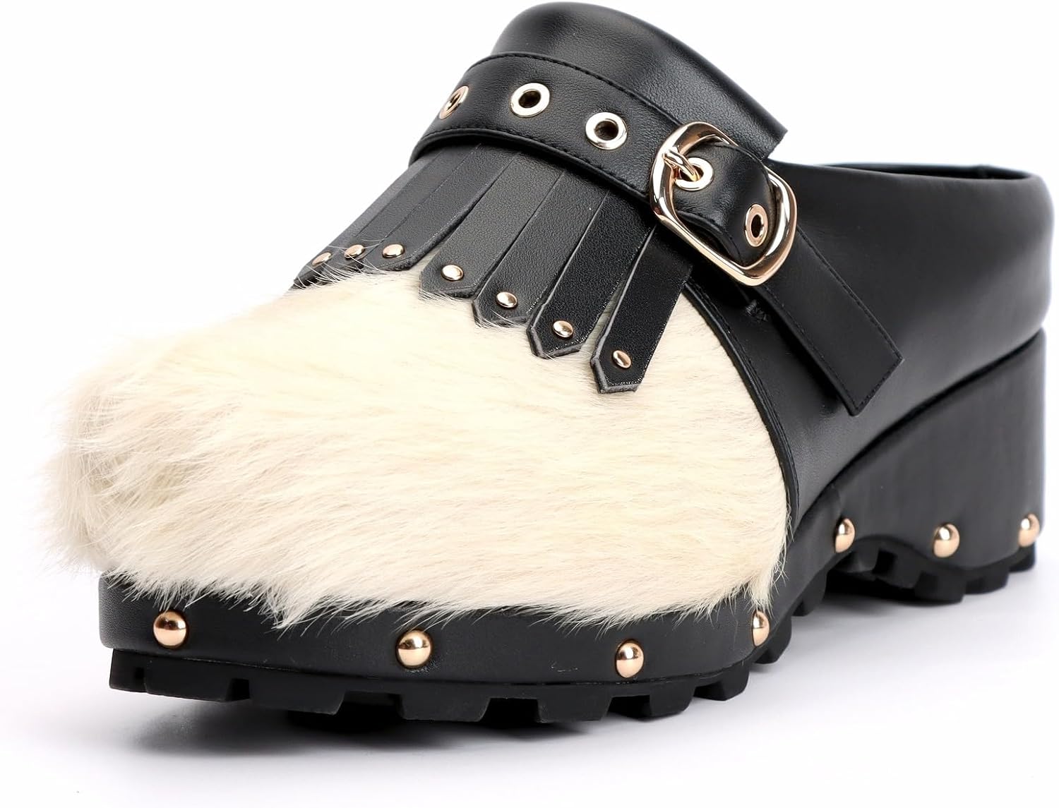 XOBZJH Women's Cowhide Platform Clogs – Calf Hair & Leather Patchwork Mules with Rivets, Arch Support, Memory Foam Insole, Chunky Western Mules for All-Day Comfort