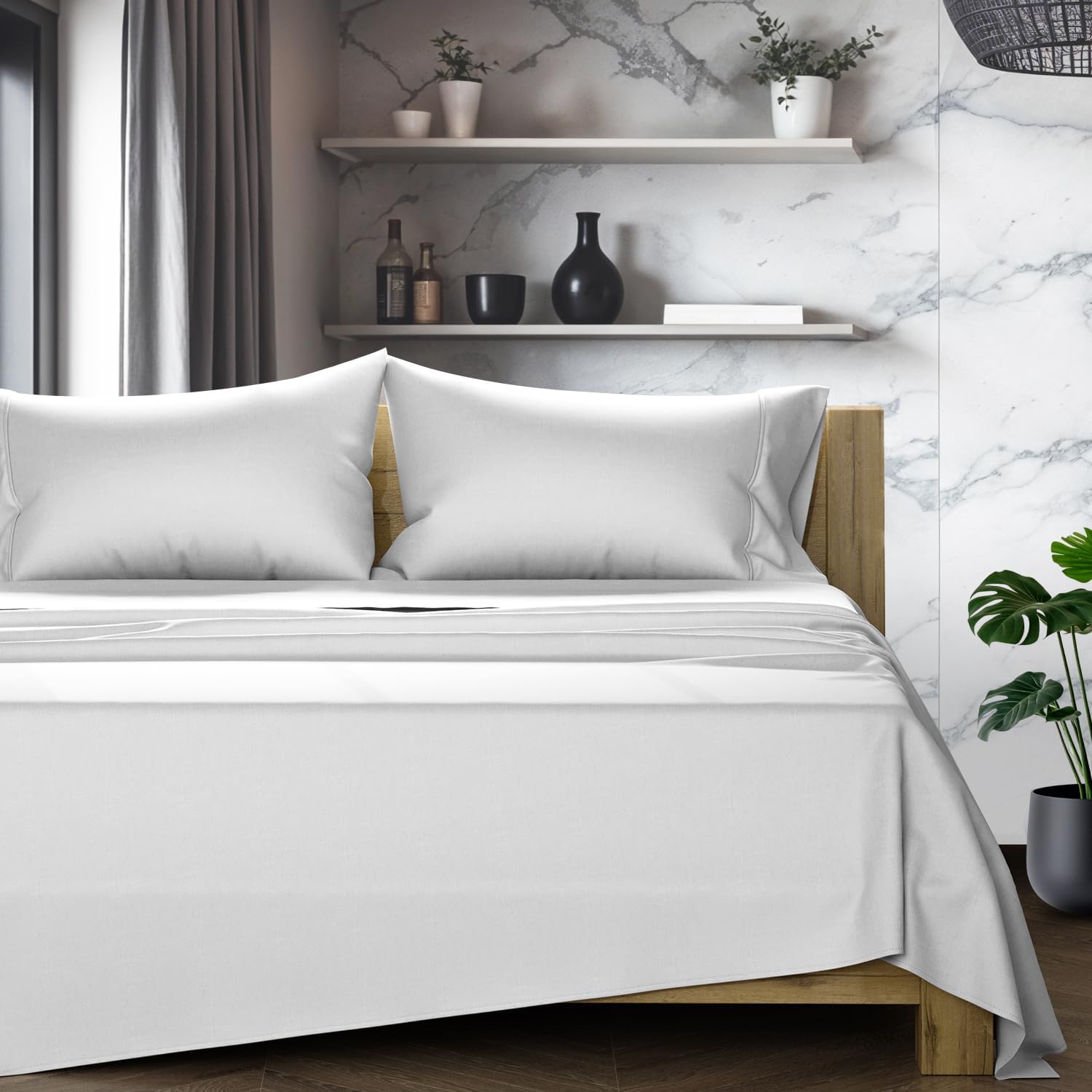 TEXAS LINEN CO. 100% Egyptian Cotton Queen Sheets Set - Luxury 1200 Series Star Sleepin' Collection Egyptian Cotton Sheets Queen Size (4 PC, Light Grey), 17' Deep Pocket, Cooling Hotel Bedding Set