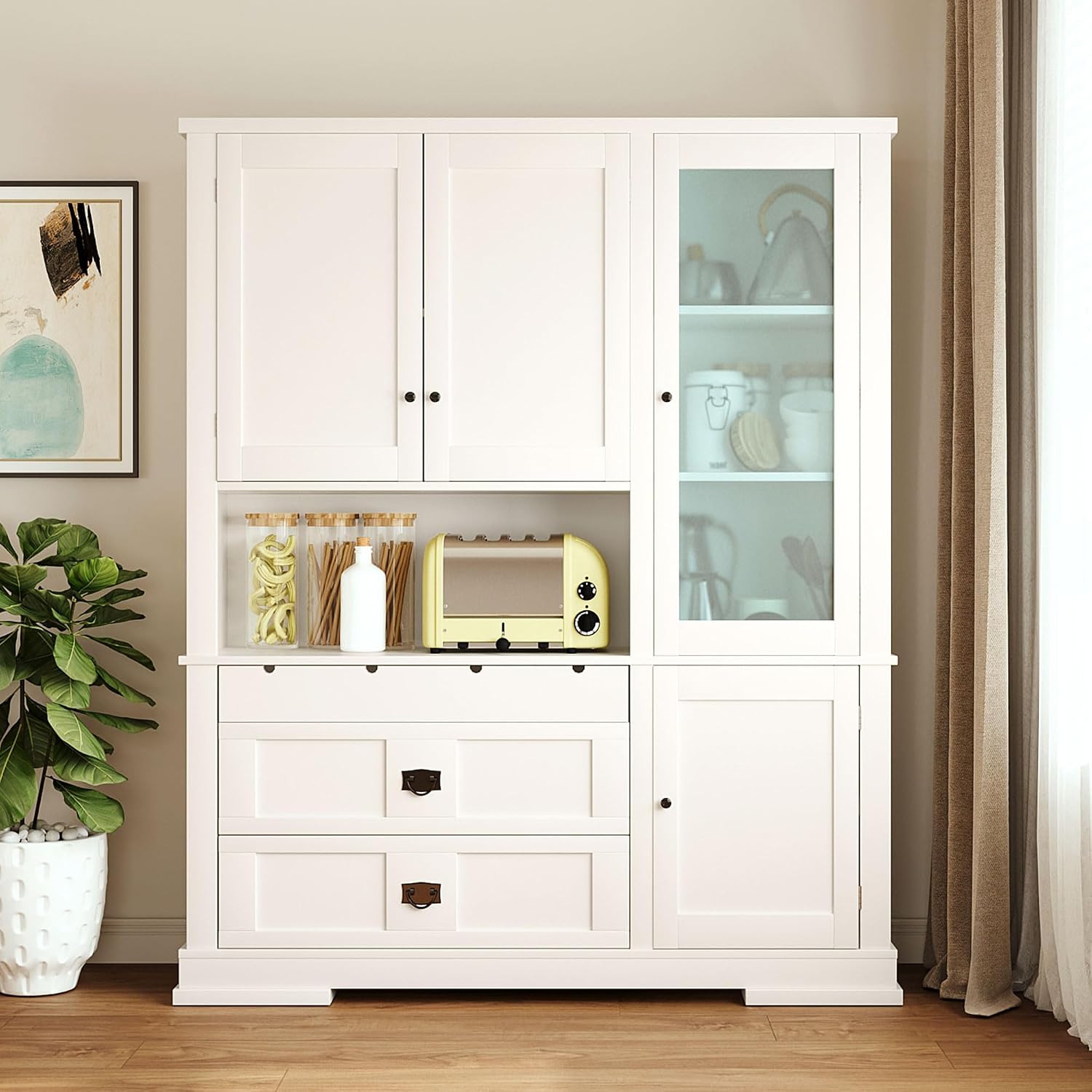 Modern 78.3 inch Large Kitchen Pantry Storage Cabinet, Traditional Buffet Cabinet with Hutch and Drawers, Wood Freestanding Tall Storage Cabinet with Door Shelf and Adjustable Shelves (White//2)