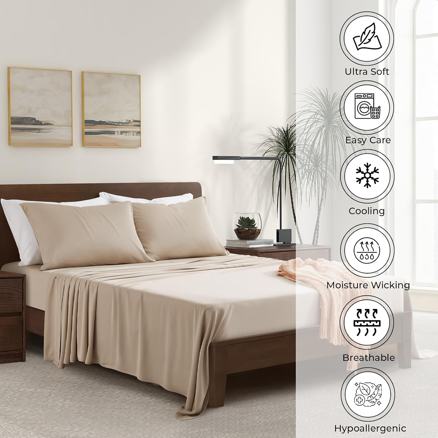 Luxury Bamboo Market | Queen Size Bed Sheet Set | 100% Viscose Made from Bamboo | Organically Grown | Ultra Soft | Cooling Sheets for Hot Sleepers | 17' Deep Pocket [Dune]