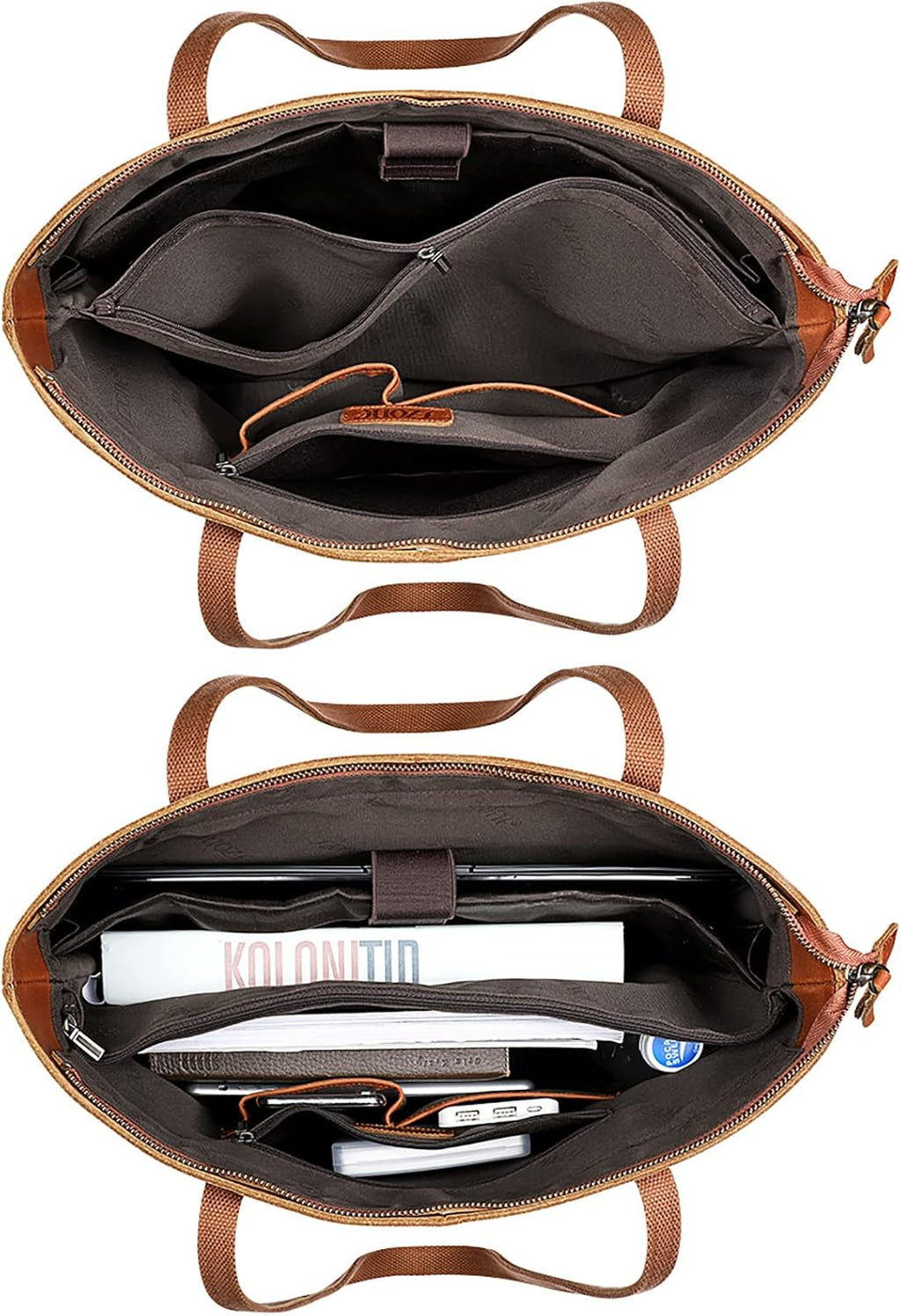 S-ZONE Vintage Genuine Leather Shoulder Bag Work Totes for Women Purse Handbag with Back Zipper Pocket Large