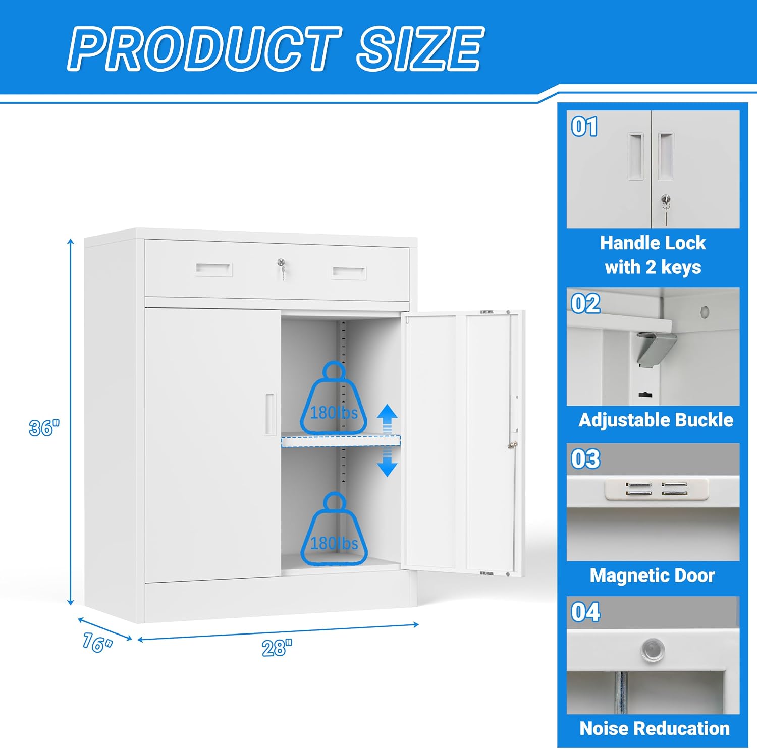 BESFUR Metal Storage Cabinet with Doors and Shelves, 36' H Locking Storage Cabinet with 1 Drawers, Reinforced Heavy Duty Metal Cabinets for Garage, Office, Home(White)
