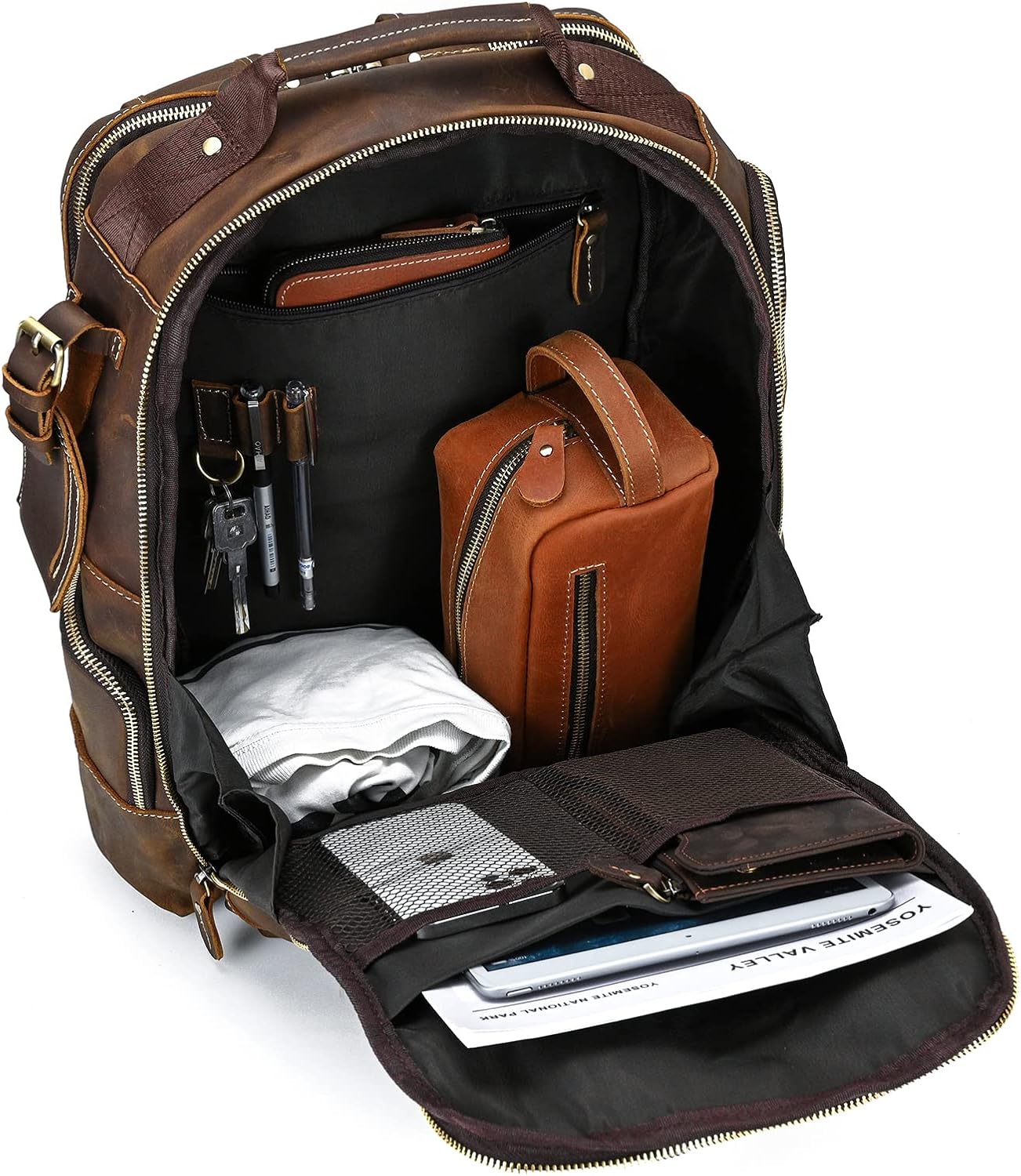Vintage Full Grain Leather Backpack for Men, 16' Laptop Rucksack For Men Hiking Trave Work Business Bag, 9517 Brown