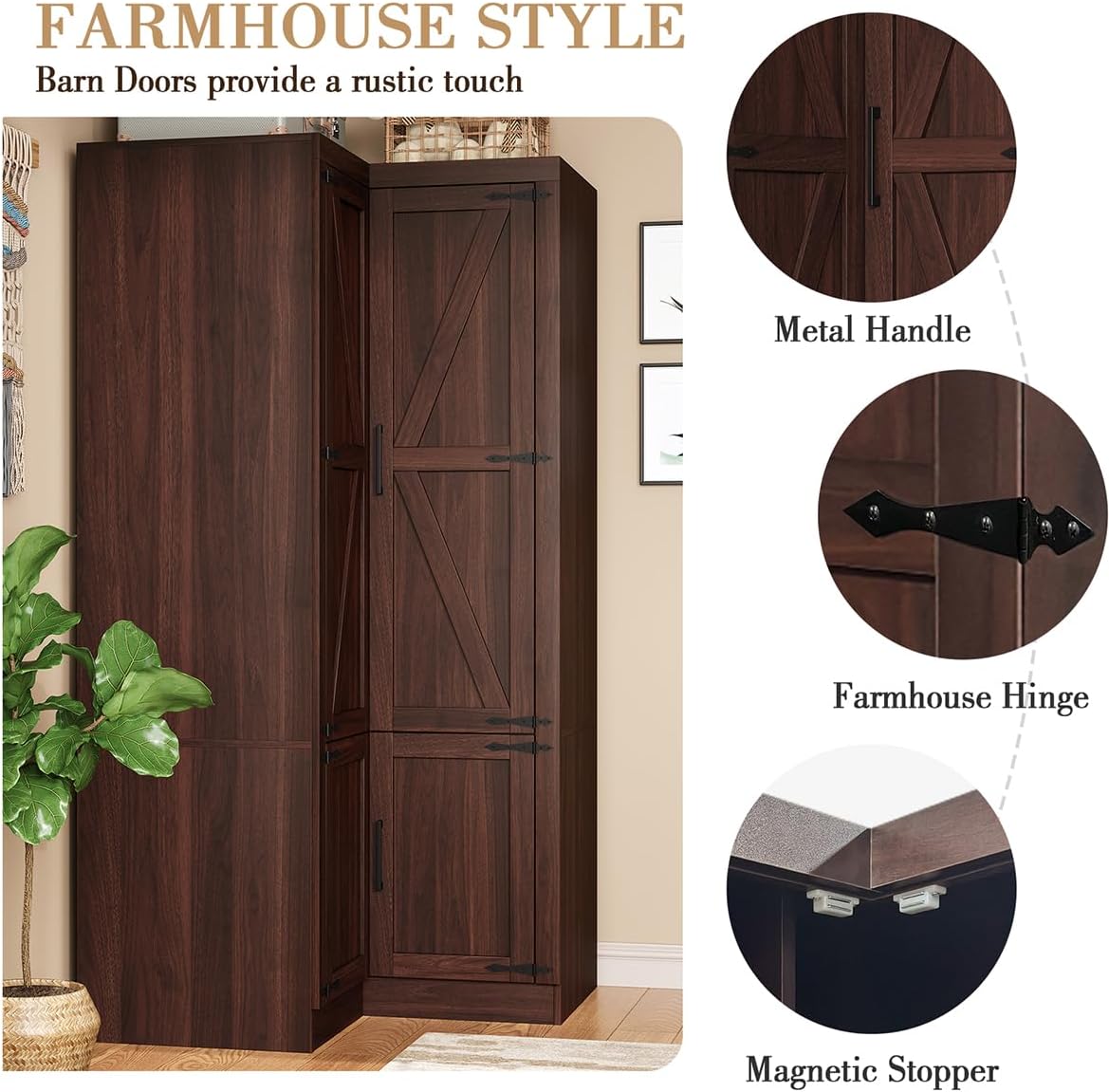 WERSMT 70' Corner Armoire Wardrobe Closet with Barn Door & Shelves, L Shaped Closet Bedroom Clothing Storage Cabinet for Hanging Clothes, Farmhouse Wooden Wardrobe Closets for Bedroom, Espresso