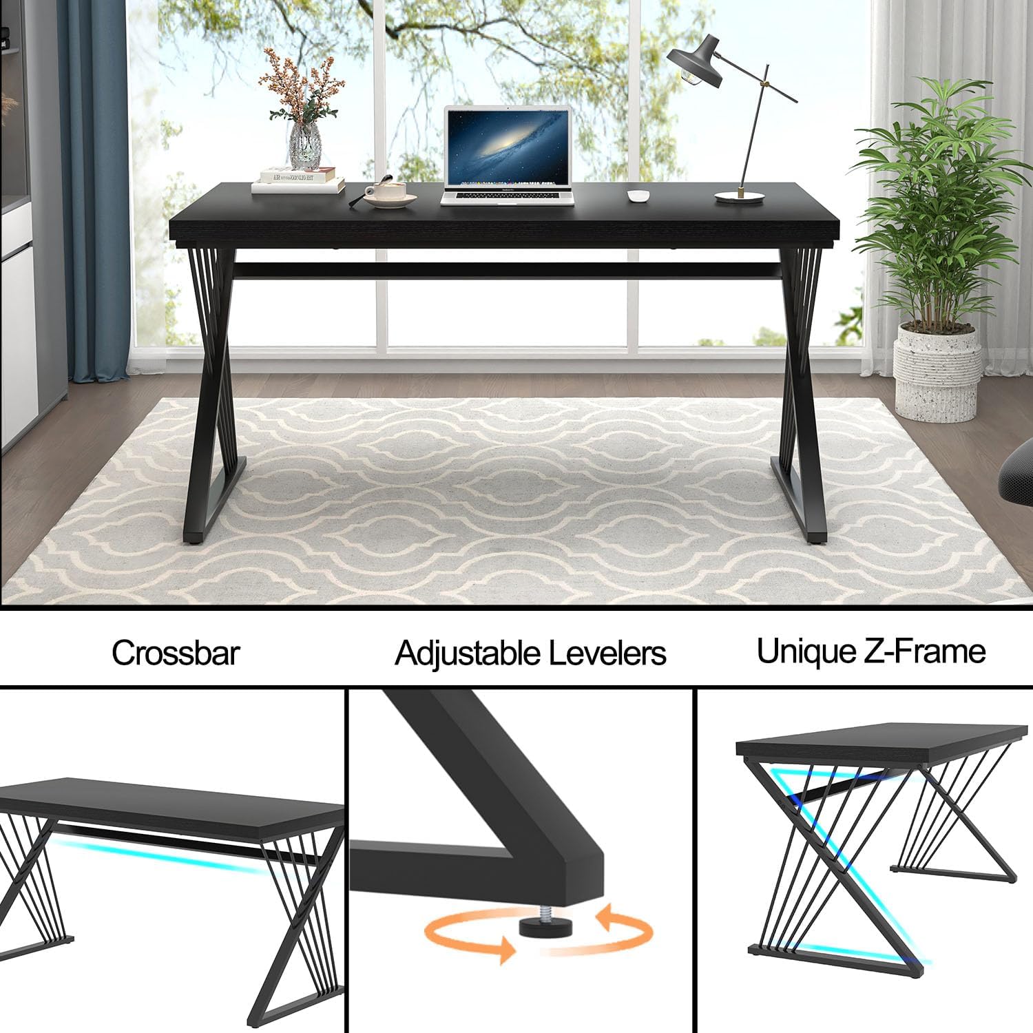 FOLUBAN Black Desk, Modern Wood and Metal Computer Desks for Home Office, Simple Writing Work PC Desk for Bedroom, Industrial Study Gaming Table for Living Room, 60 Inch