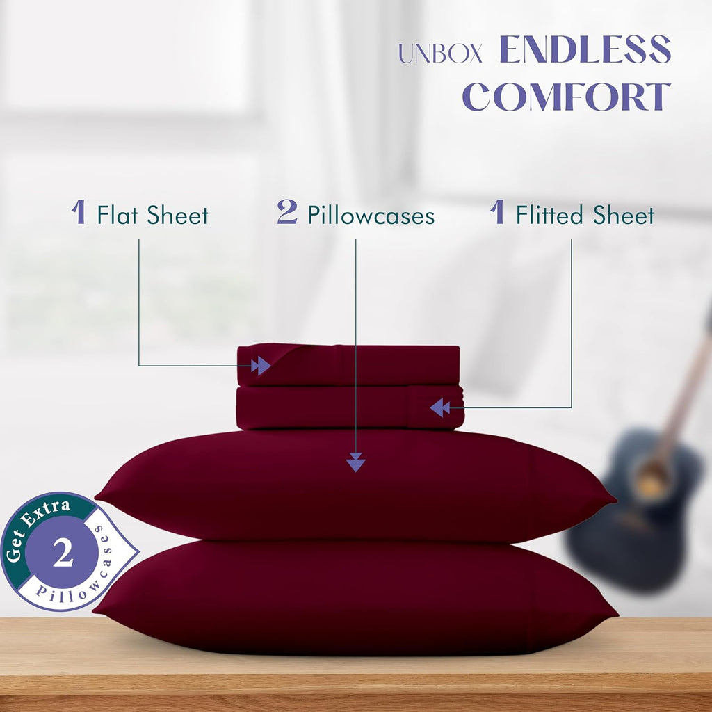 XOOX Linen 100% Egyptian Cotton Sheets California King Size - 1500 Thread Count Cal King Sheet Set Egyptian Cotton, 4 PC Luxury Bedsheet (Burgundy), Soft, Cooling, 17' Deep Pocket Bedsheet Set