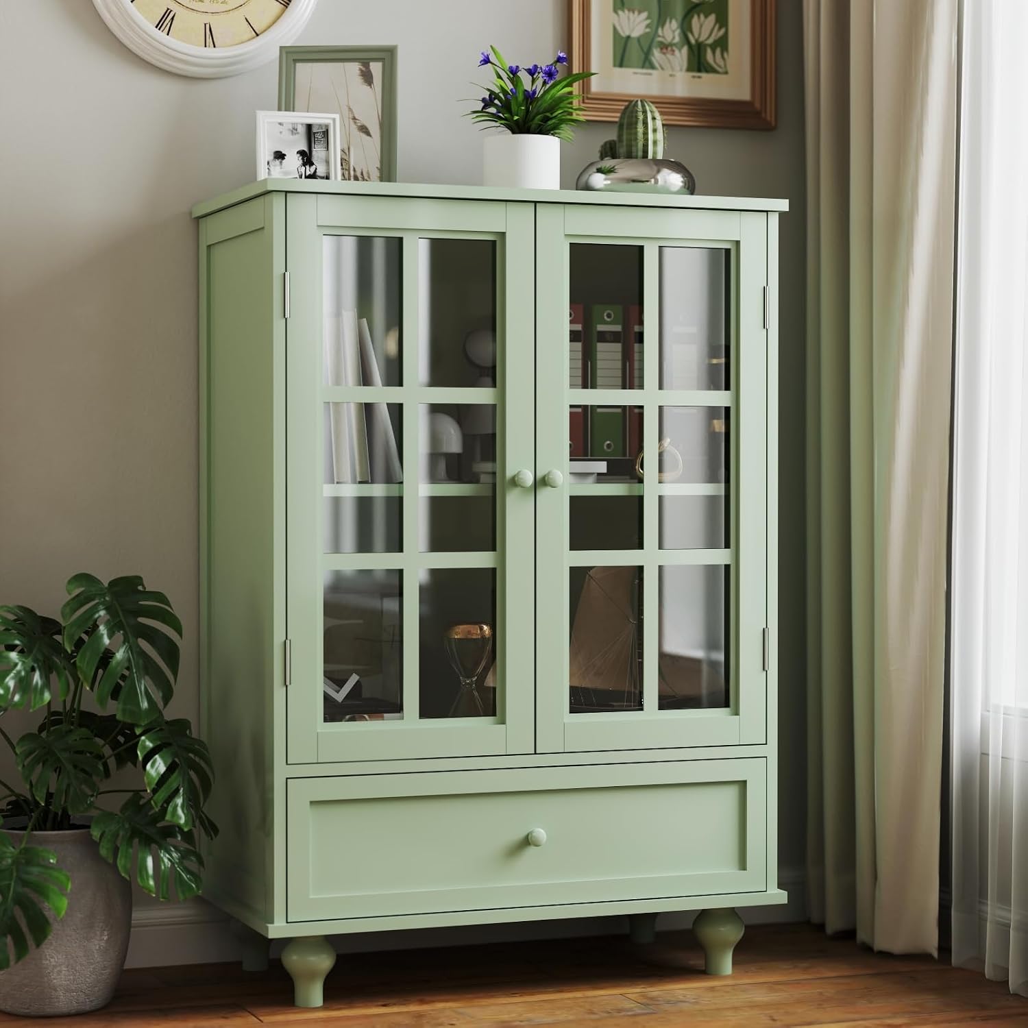 QMIT Display Cabinet with Glass Doors,Buffet Cabinet with Doors and Shelves,Small Green Wooden Storage Sideboard Cupboard for Living Room, Dining Room Hallway Entryway